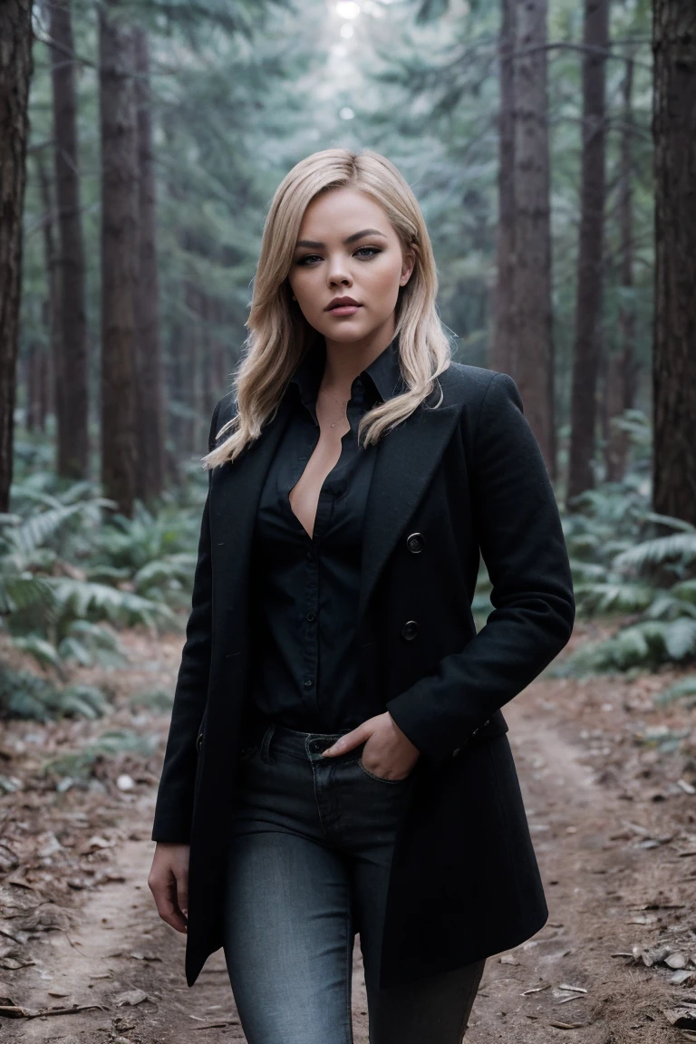 photo of Al3x1sT3x4s_HM-135, a woman, perfect hair, (modern photo), wearing black jeans, black button-up shirt, wool coat, 150mm medium telephoto (analog, cinematic, film grain:1.3), Bioengineered Forest, Genetically modified forest with glowing flora, exotic wildlife, and illuminating orbs., detailed eyes, professional pose, (epiCPhoto), (looking at viewer:1.1), (cinematic shot:1.3), (hard style lighting), OverallDetail