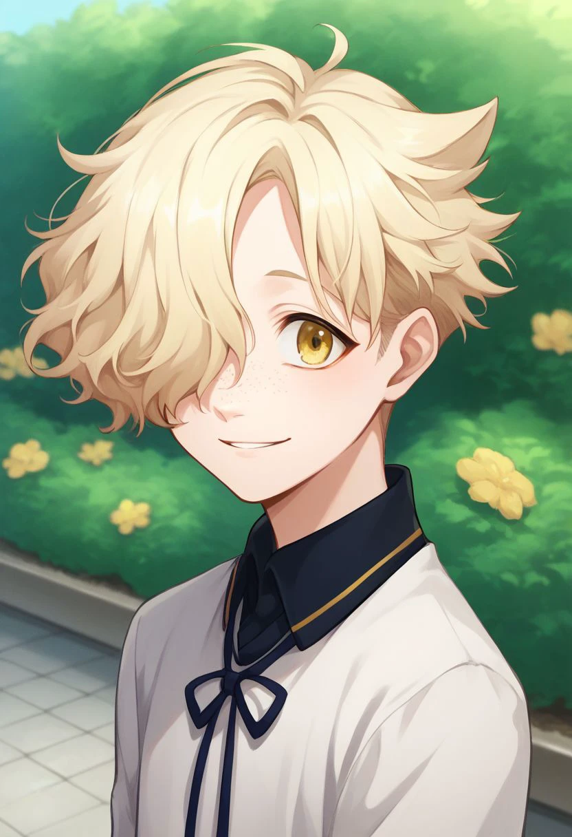 score_9, score_8_up, score_7_up, source_anime, highly detailed, 
gokotai, 1boy, male focus, solo, hair over one eye, freckles, yellow eyes, blonde hair,
upper body, smile, cute, pale,
outdoor, garden japanese,