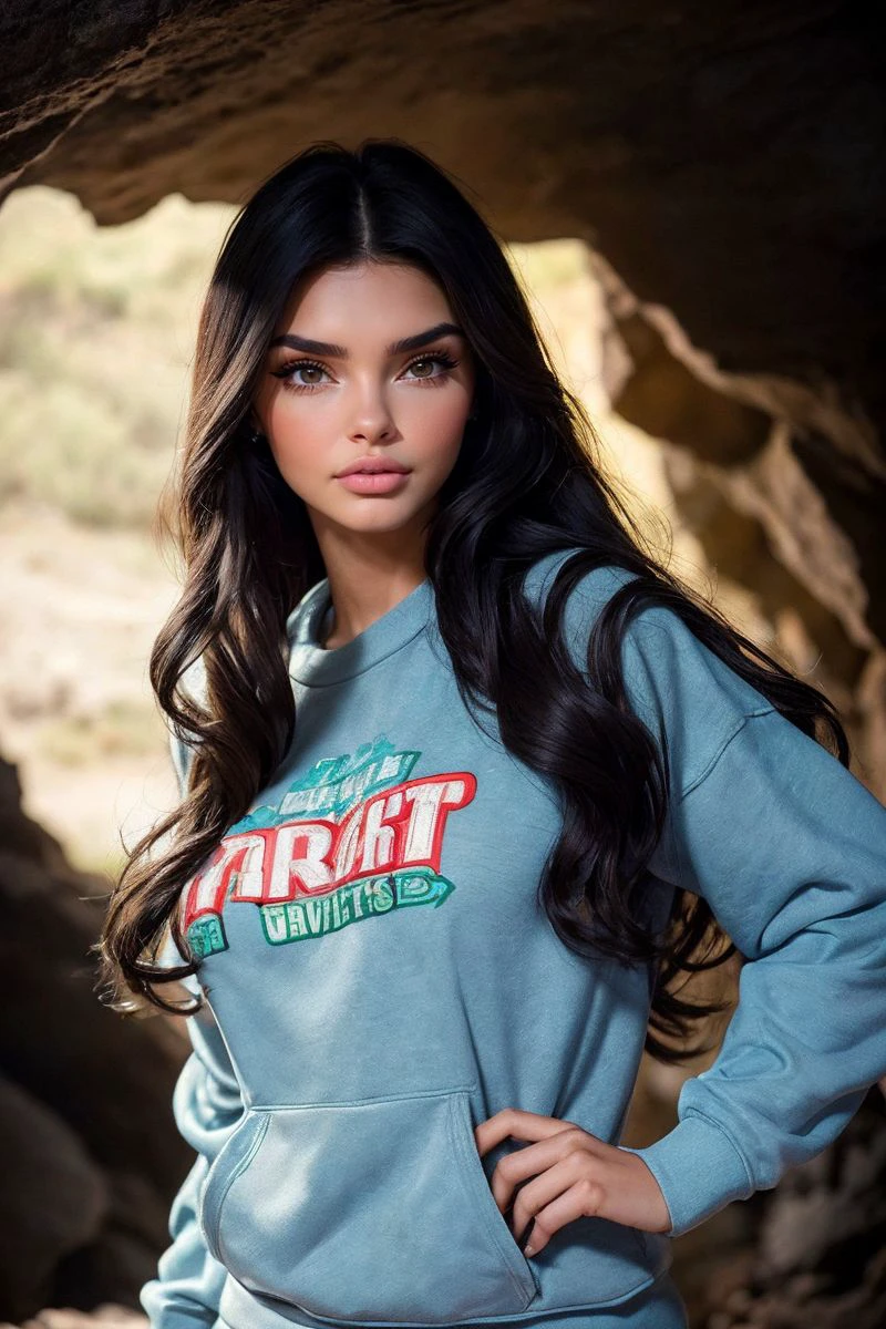 headshot of S448_EvonWahab,a gorgeous woman,in a (cave:1.1),wearing a (sweatshirt),(4k, RAW photo, best quality, 50mm, depth of field, ultra high res:1.1),(intricate, photorealistic, cinematic-shot, masterpiece, ultra-detailed:1.1),