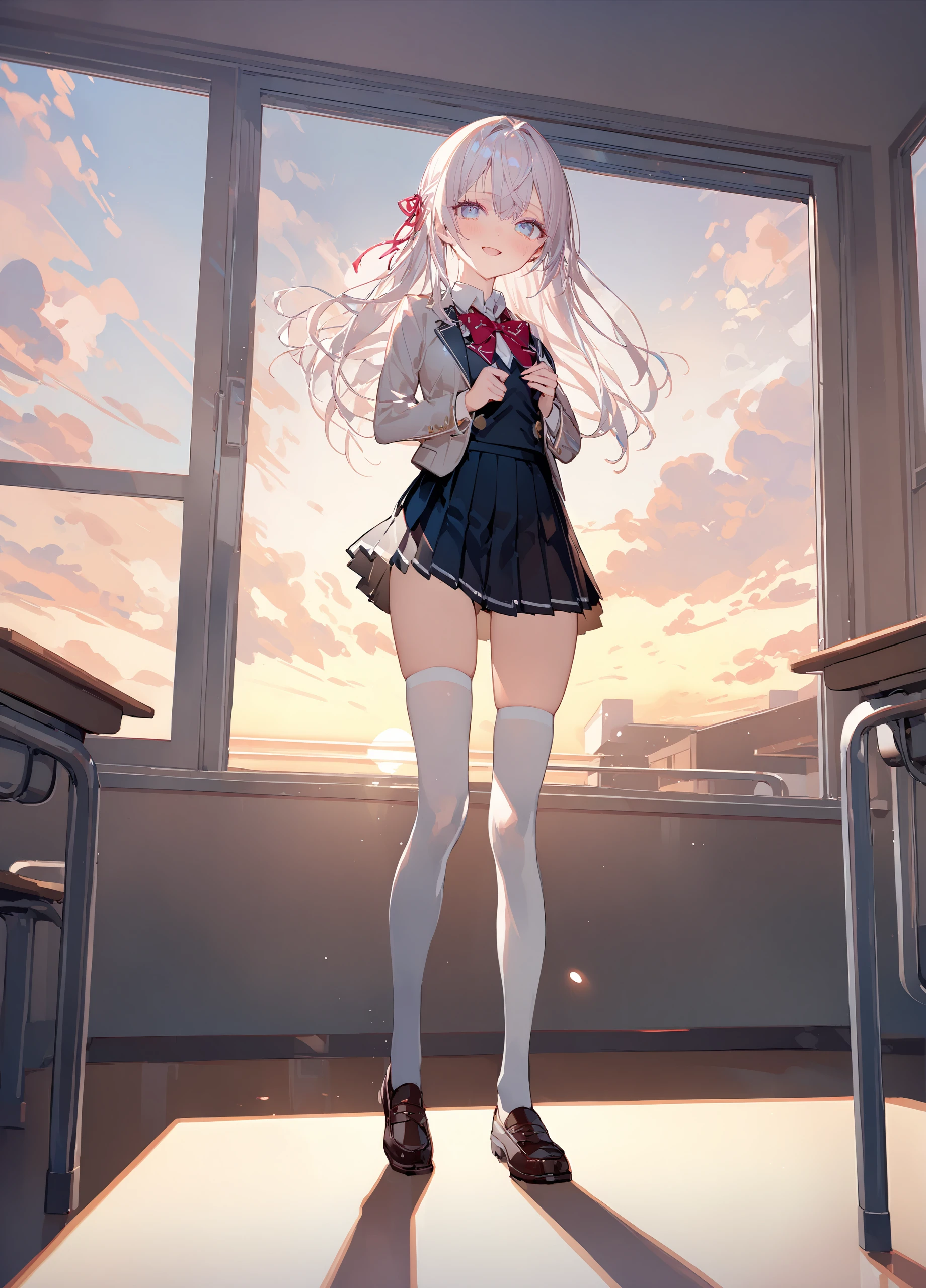 masterpiece, best quality, perfect features, intricate details, ray tracing, very aesthetic, (hitenkei, askzy:0.5), 1girl, alisa mikhailovna kujou, hair ribbon, solo, white thighhighs, loafers, pleated skirt, collared shirt, bowtie, smile, hair ribbon, blazer, vest, standing, full body, looking at viewer, smile, open mouth, sunset, classroom, window, backlighting, depth of field <lora:Char-Alis_Mikhailovna_Kujou-XL-V1:0.9>