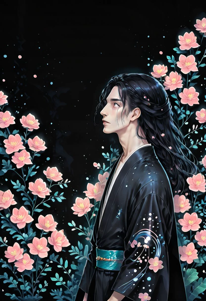 score_9, score_8_up, score_7_up, score_6_up male, pale skin, kadzu, black long hair, black looking up, profile, clothes in black male kimono, sakura flowers, garden g4l4xy, galaxy,