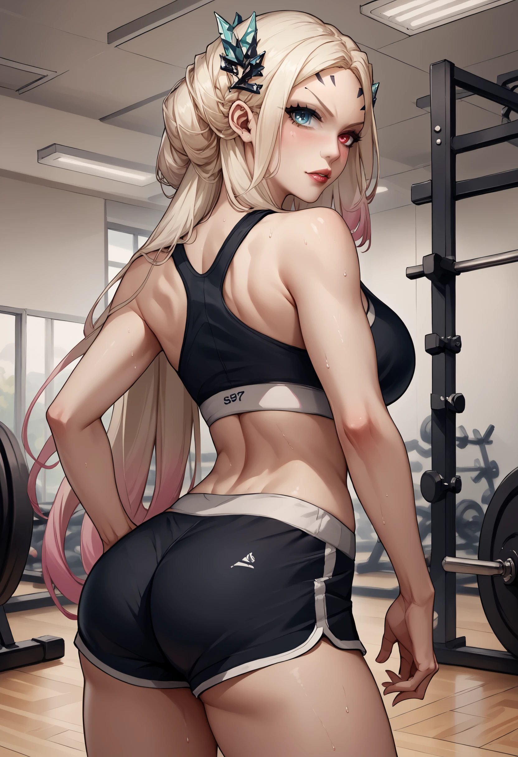 score_9,score_8_up,score_7_up,  <lora:eireneptn-ponyxl-beta4-alt-12:1>, EirenePTN, heterochromia, platinum blonde hair, very long hair, braided bun, gradient hair, black hair ornament, forehead mark, makeup, mature female, nose, lips, looking at viewer, looking back, cowboy shot, thighs, sports bra, dolphin shorts, v-shaped eyebrows, head tilt, closed mouth, indoors, gym, gym equipment, sweat, low ponytail, hand on own hip,