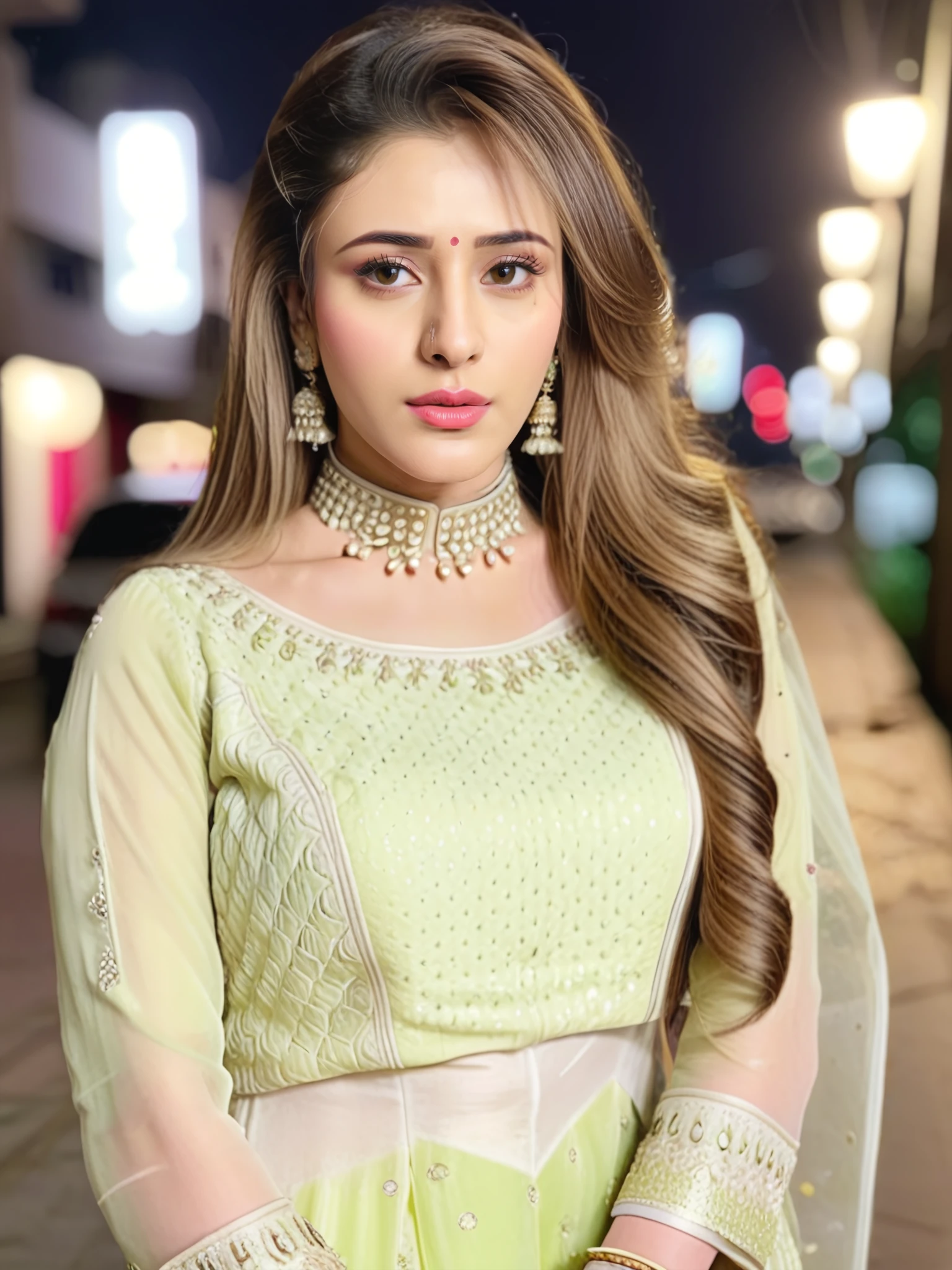 portrait photo of Hiba Nawab woman, cute, wearing conservative intricate Lime colored clothing, , pouting, looking at the camera, lipstick, night time,soft lighting, city lights in bokeh <lora:Hiba_Nawab_SDXL_LoRA_adafactor:1>