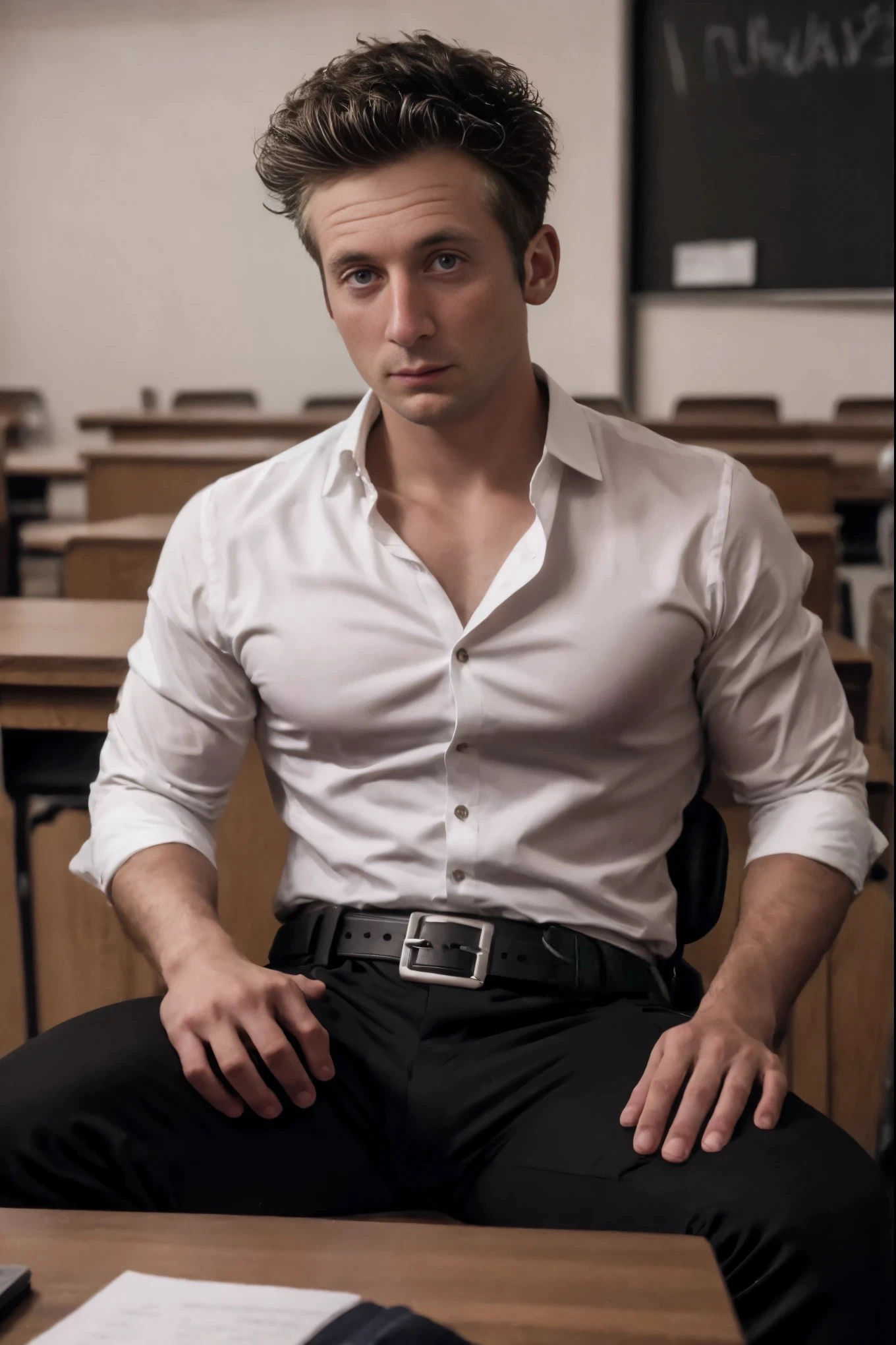 Portrait of Lip Gallagher, he is a professor, he is ((wearing an fitted white button up shirt, with two buttons undone, with the sleeves rolled up to his elbows:1.4)), ((fitted black pants with a black belt, silver buckle:1.4), handsome man, attractive man, handsome male, siting on top of his desk; (leaning back on his desk in a collage lecture hall), inspired by Pablo Munoz Gomez, editorial photograph, midshot of a Lip Gallagher, by Roman Bezpalkiv, by Artur Tarnowski, maxim sukharev, by Gabor Szikszai,Highly Detailed, highly detailed, broad shouldered, slim but toned, ((looking at viewer)),