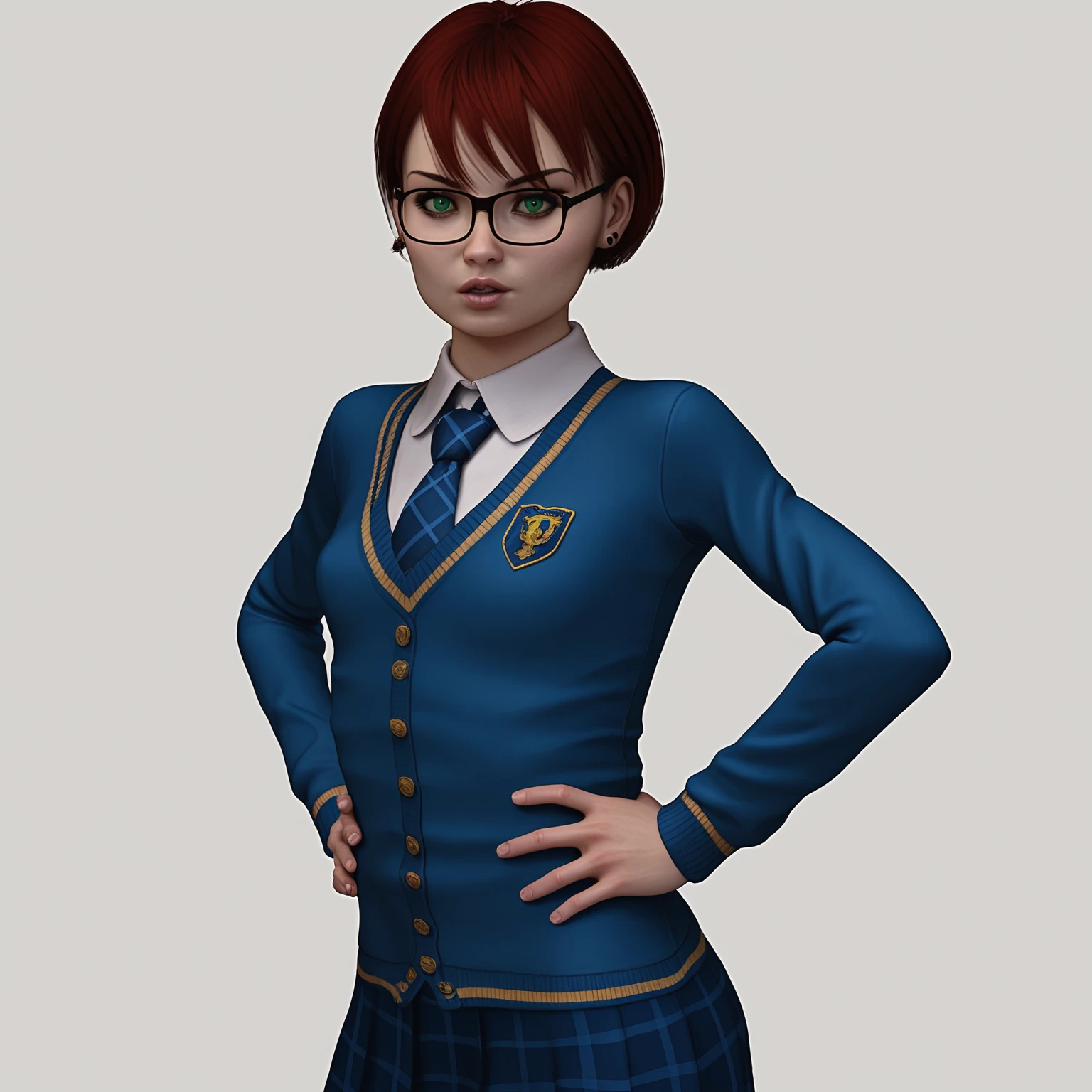 score_9, score_8_up, score_7_up, <lora:Carrie - Chloe18-000006:1>, Carrie18, 1girl, solo, short hair, red hair, glasses, green eyes, earrings,  necktie, school uniform, blue cardigan, blue skirt, plaid, cowboy shot, realistic, white background, simple background, pursed lips, looking at viewer,  hands on own hips, <lora:add-detail-xl:1>