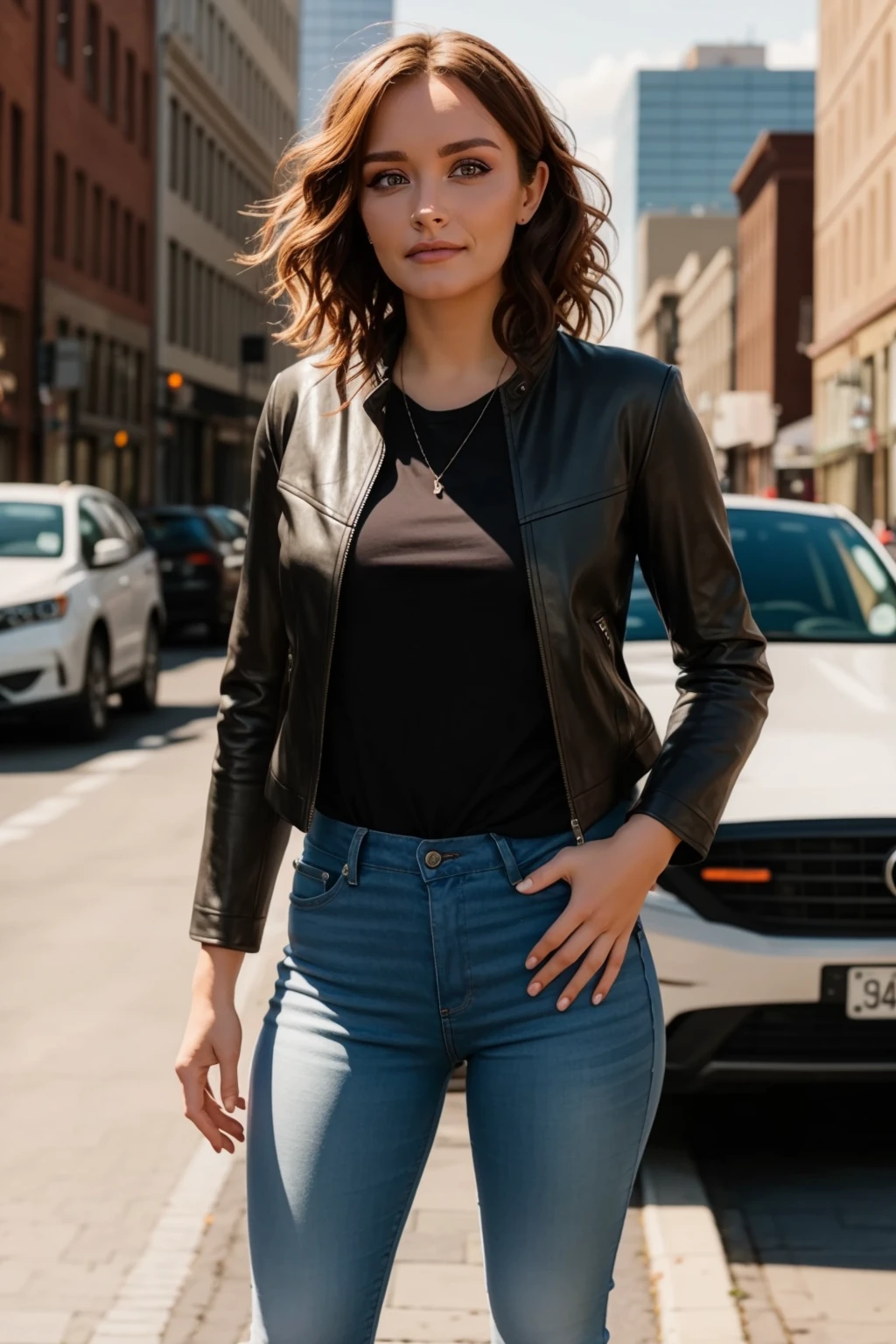 <lora:mondongo_LoRA_OliviaCooke:1> mndngwmn, (ultra realistic, 8k,high quality), natural lighting,, wearing a leather jacket,white t-shirt, jeans, on a city downtown, daytime