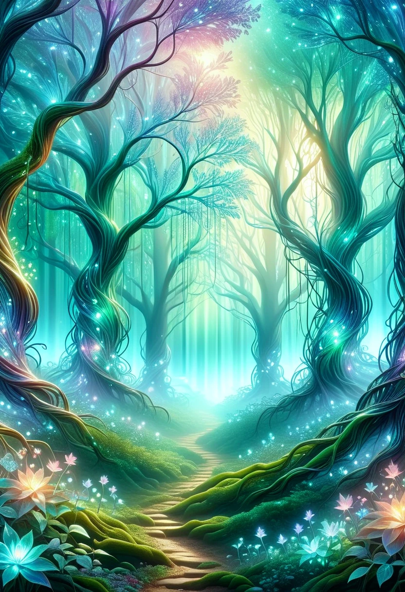 iridescent enchanted forest, iridescent trees and iridescent vines and iridescent flowers, sparkling lights, ethereal, fantasy, concept art