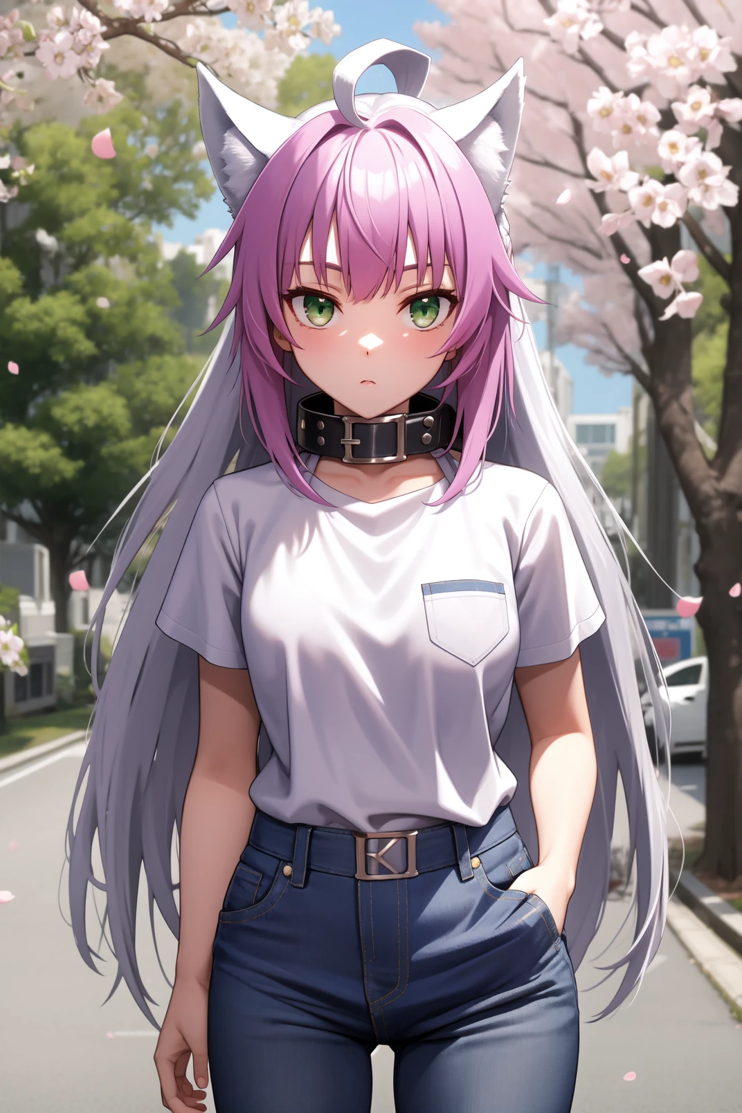 solo, masterpiece, best quality, outdoors, street, cherry blossoms, cowboy shot, standing, looking at viewer, :o, closed mouth, atalanta, green eyes, slit pupils, grey hair, long hair, ahoge, animal ears, cat ears, cat tail, belt collar, black collar, white t-shirt, short sleeves, blue pants, denim pants, high-waist pants, hands on own pocket 