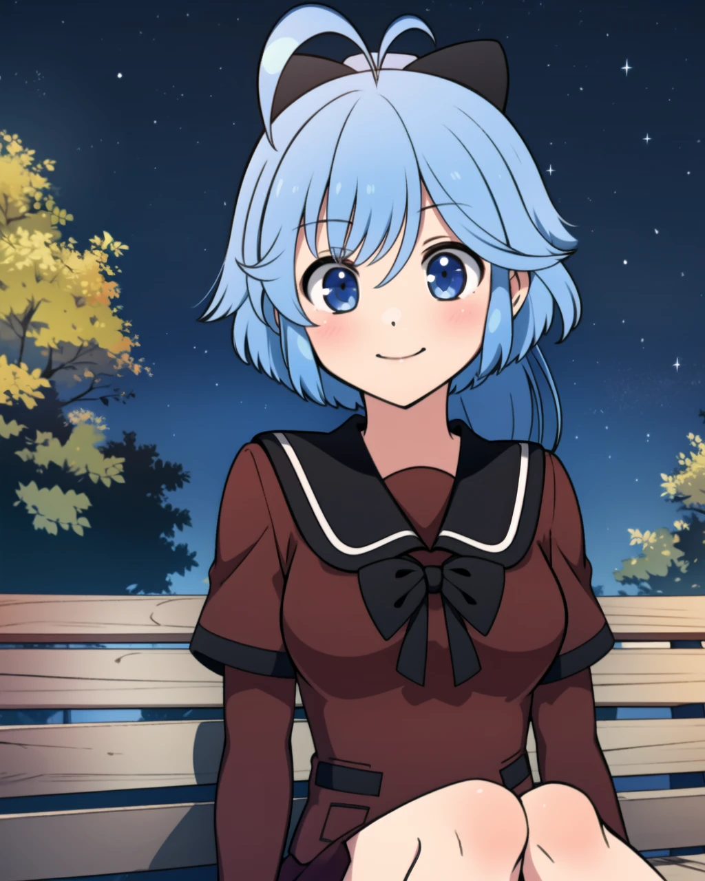 masterpiece, high quality, 1girl, mgrcutsuhonatsuki, upper body, medium shot, looking at viewer, blue hair, blue eyes, ahoge, black bow hairpin, red with black shirt, long sleeves, red buttoned skirt, black bowtie, sitting, bench, light smile, outdoors, park, night, tree, sky, stars, <lora:mgrcutsuhonatsuki:0.8>