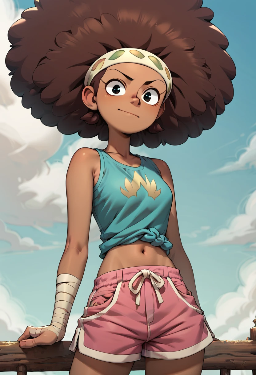 score_9,score_8_up,score_7_up,score_6_up,score_5_up,score_4_up,<lora:Anne_Boonchuy_from_Amphibia:0.8>,(1 girl),anneboonchuy,solo,brown hair,dark-skinned female,afro,headband,tank top,sleeveless,pink shorts,bandage,<lora:2.5DCartoonV2:0.75>,standing,cowboy shot,looking at viewer,