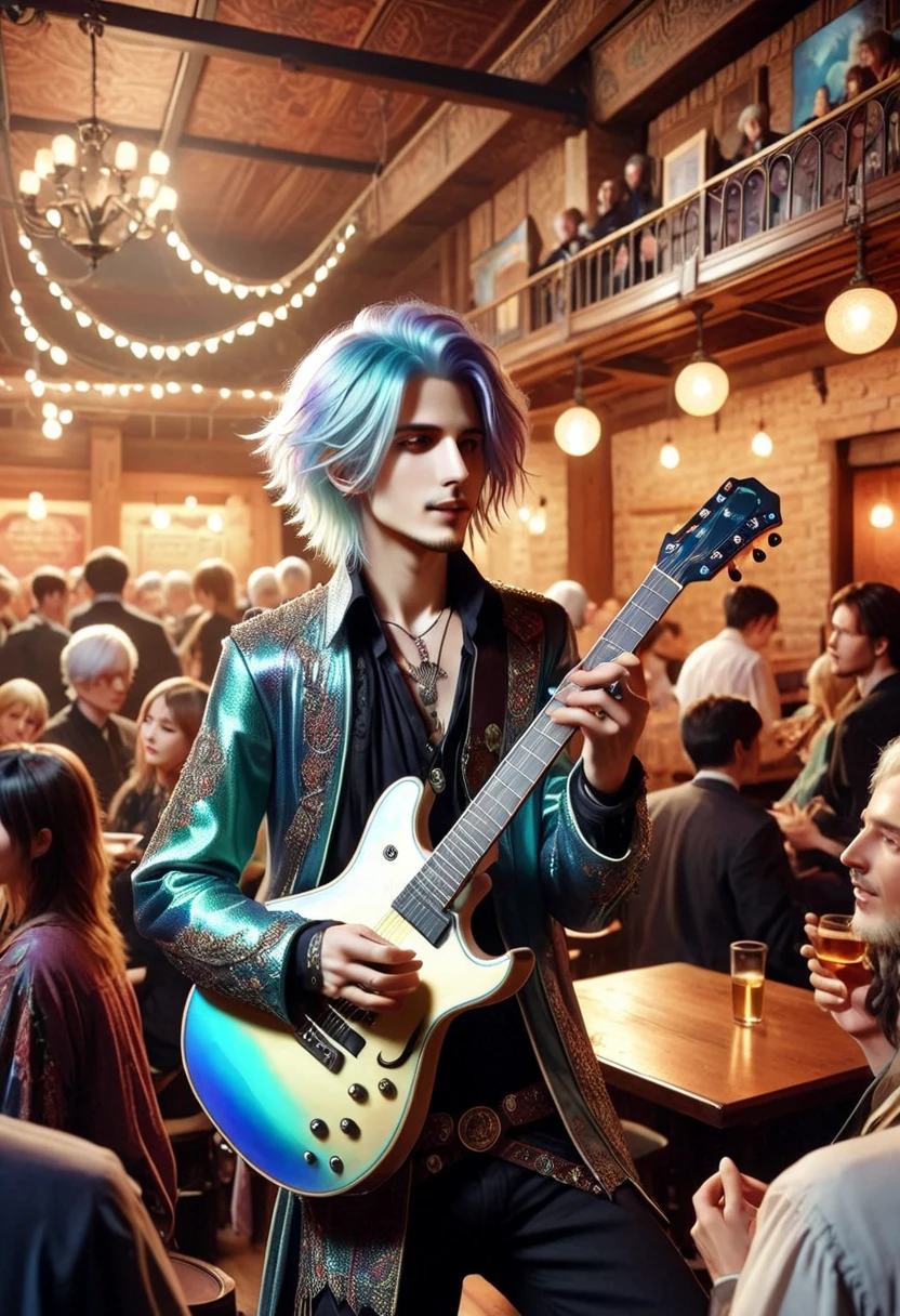 a bard with iridescent hair playing an iridescent guitar on stage in a crowded bar, anime