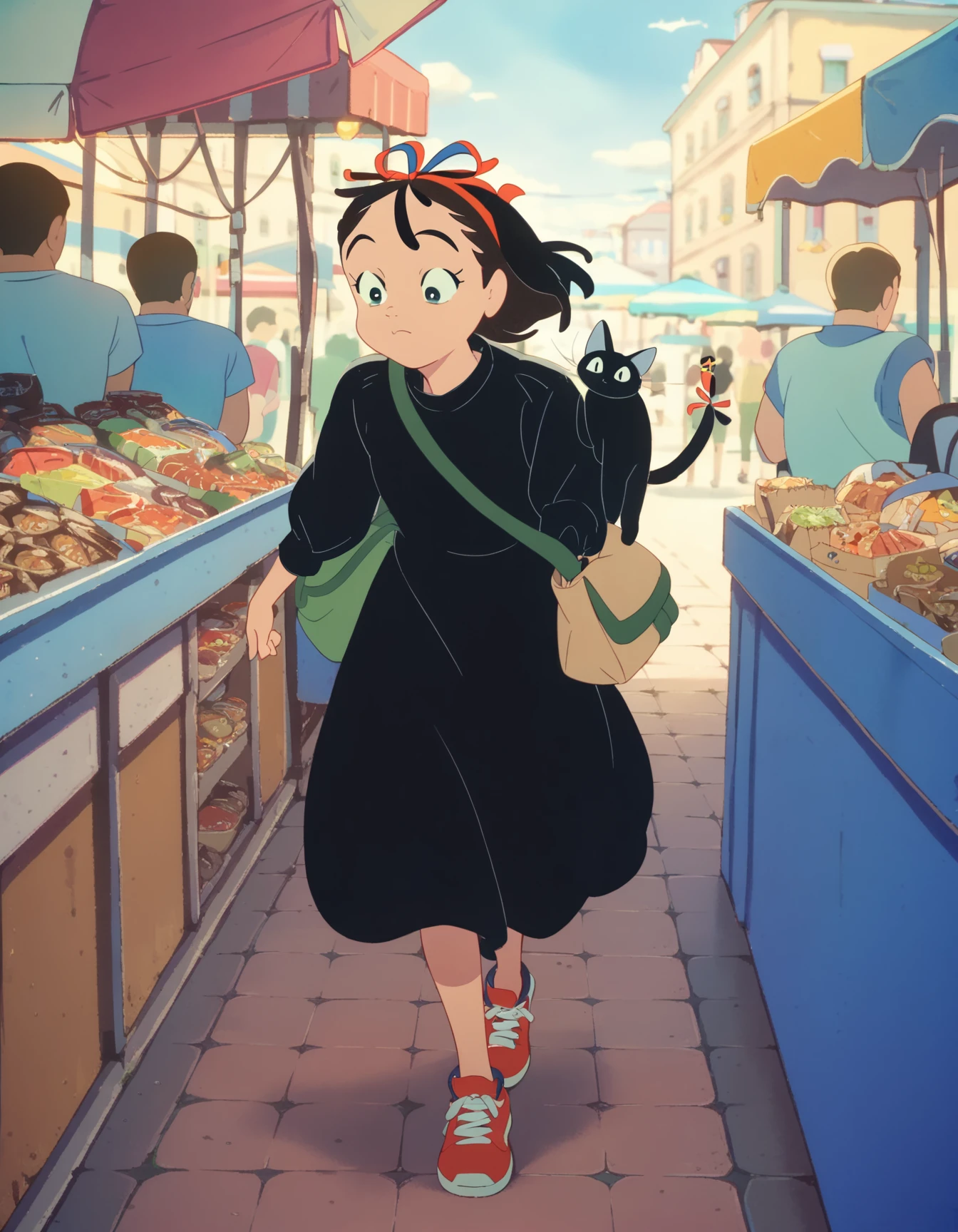 score_9,  score_8_up, score_7_up, source_anime, <lora:kikimac-ponyxl-000009:0.9> 1girl, solo, kikimac, hair ribbon, black dress, dress, bag, sneakers, red footwear,
cat, grocery bag