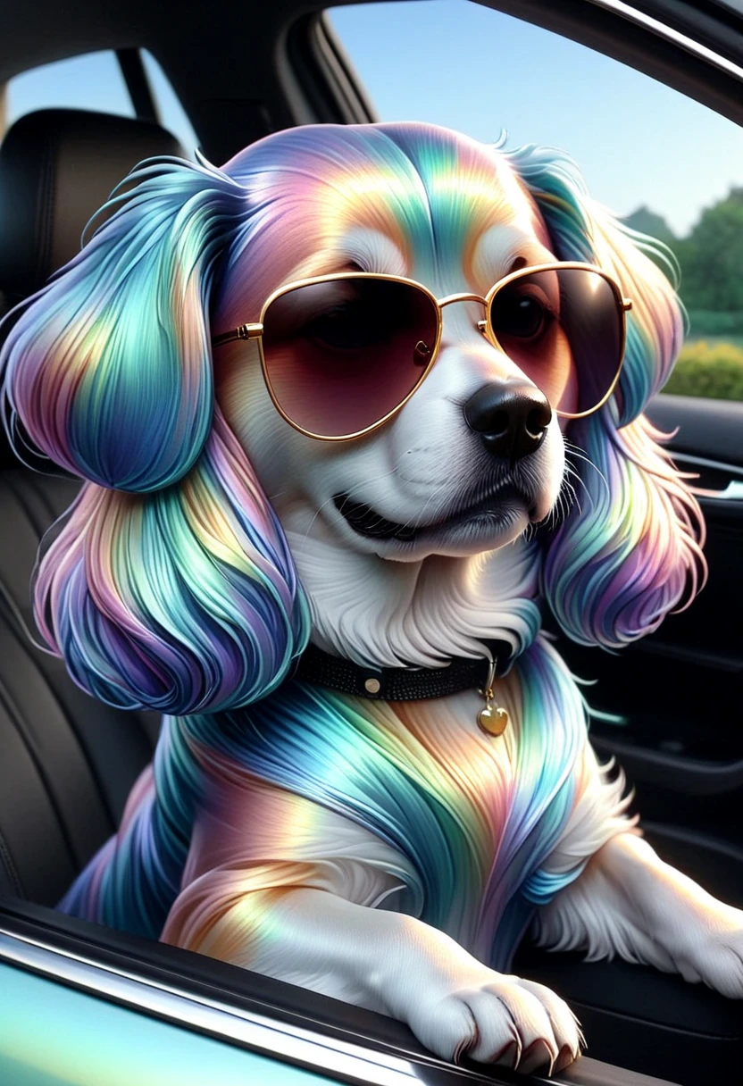 anime, an iridescent dog wearing sunglasses sticking its head out of a car