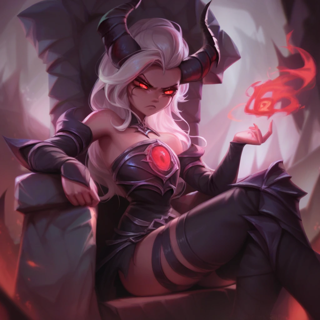 score_9, score_8_up, score_7_up, <lora:sirfy-15:1> sirfy, 1girl, long hair, red eyes, demonic, horns, dark armor, end boss, throne room, gothic architecture, fire and brimstone, dark magic, intimidating, glowing eyes, ominous
