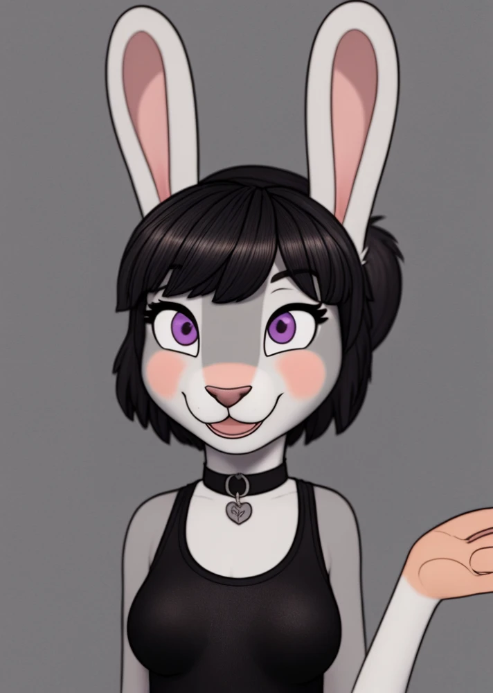 ((wall graffiti background)),young slim athletic (anthro grey bunny:1.35), (light purple eyes), (bangs:1.3), (black hair:1.2), (very long high ponytail:1.1), (perfect face:1.1),(perfect eyes:1.1), oversized black t-shirt, black lipstick, medium breasts, eyelashes, , black choker, hair ribbons, smooth,intricate detailed, unreal engine, render, uploaded on e621, blushing, satisfied suggestive smile, blender render, cute, adorable, (fluffy colored fur body), relaxed, (fur), realistic eyes, light particles, sexy suggestive pose , medium shot, ,<lora:add_detail:0.7>, <lora:Style-Rustle:0.3>,<lora:Style-pixar:0.4>, <lora:skidoo-000015(cub):0.35>, <lora:possum_machine2:0.4>, <lora:SummerSmith(RM):0.35>, <lora:rick_and_morty_characters:0.15>, <lora:FantasyTavern-10:0.35>, <lora:polyhedron_skinny_all-fp32-fp16-no-ema:0.25>