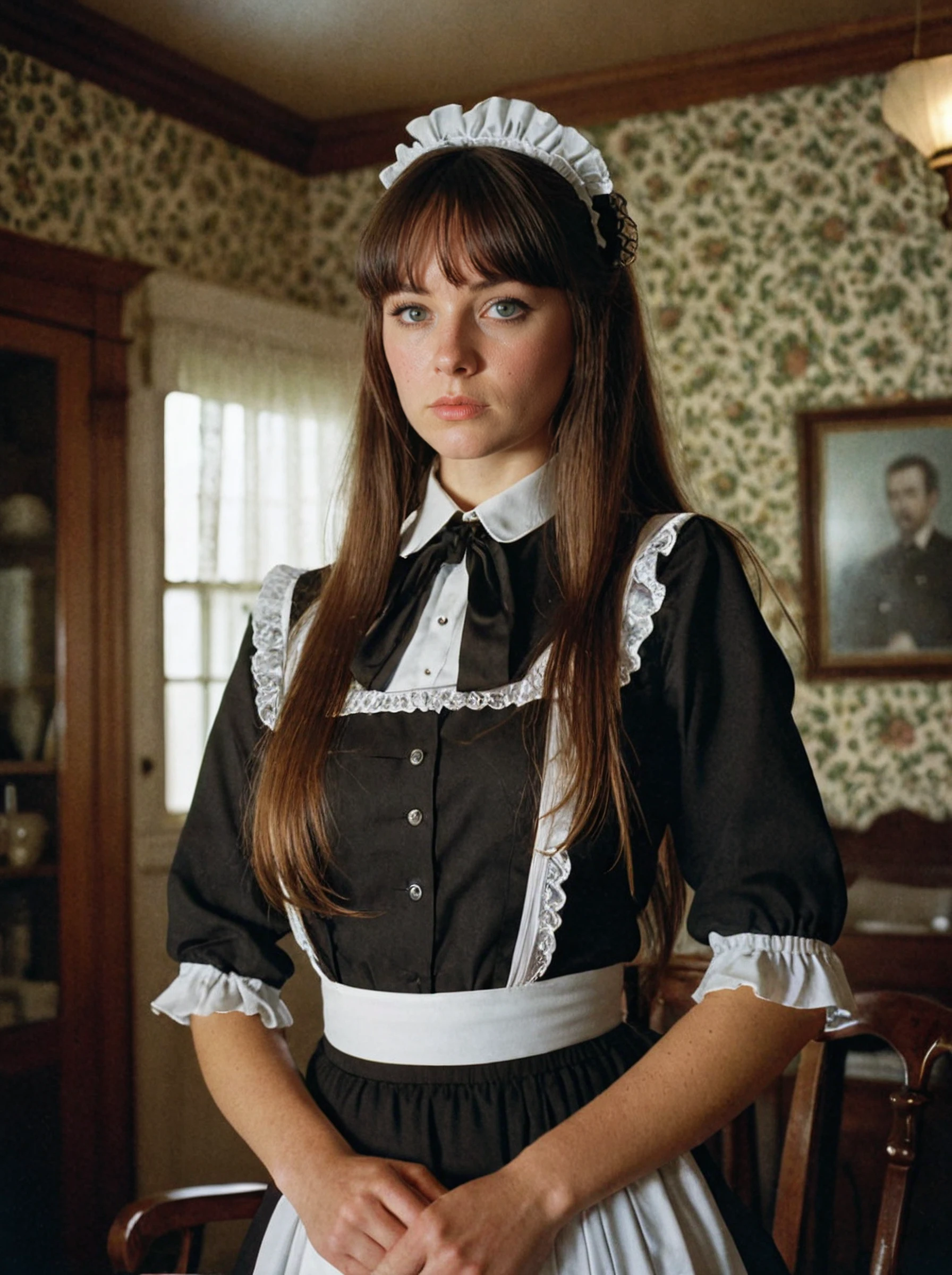 a female maid secret police,Long hair with bangs,Brunette,Dolly zoom,The Whaley House USA,intricately detailed masterpiece sharp and fine,Lomography Color 100,Dramatic spotlight