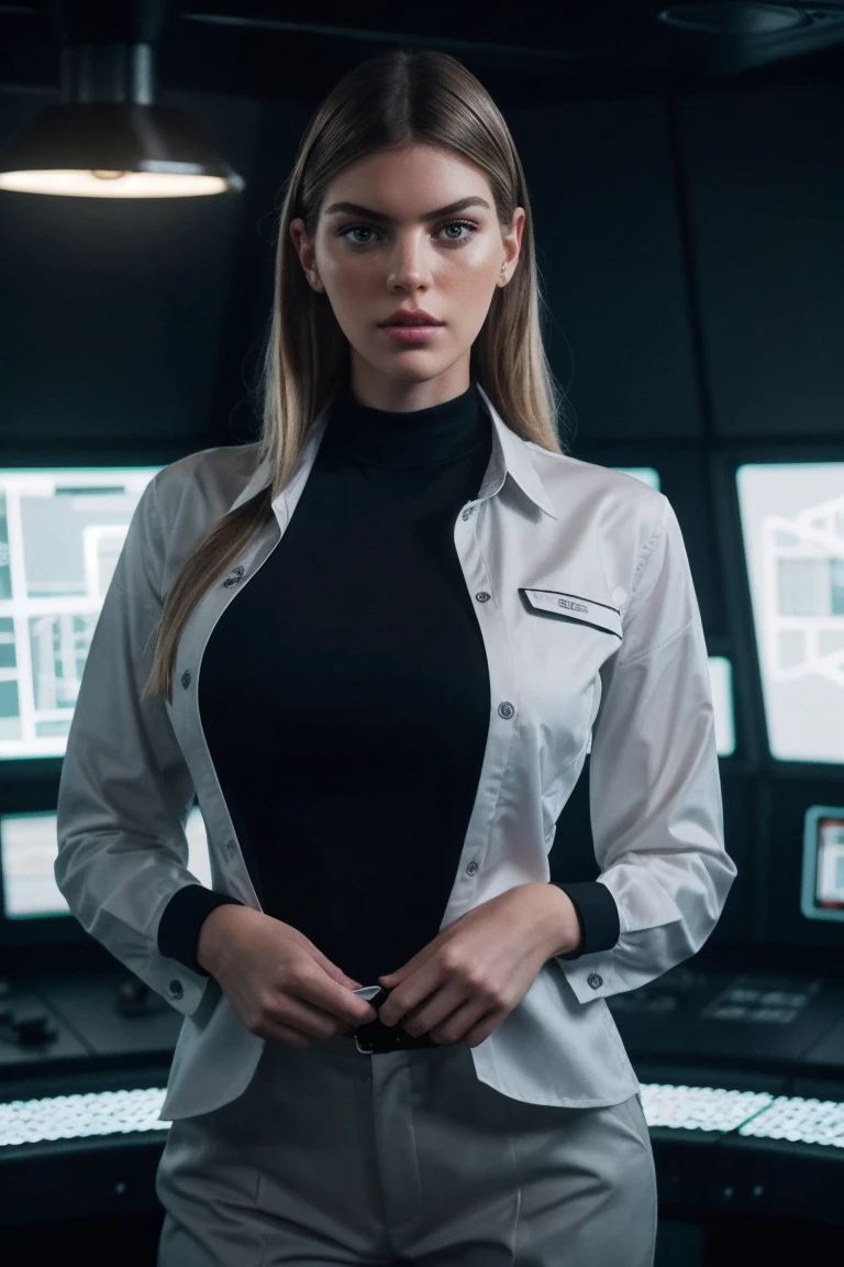photo of S4r4Cr0c3_HM-135, a woman, perfect hair, (modern photo), wearing button-up shirt, slacks, 85mm medium telephoto (analog, cinematic, film grain:1.3), Spaceship Bridge, Command center with control panels, holographic displays, captain's chair, and panoramic space view., detailed eyes, professional pose, (epiCPhoto), (looking at viewer:1.1), (cinematic shot:1.3), (hard style lighting), OverallDetail