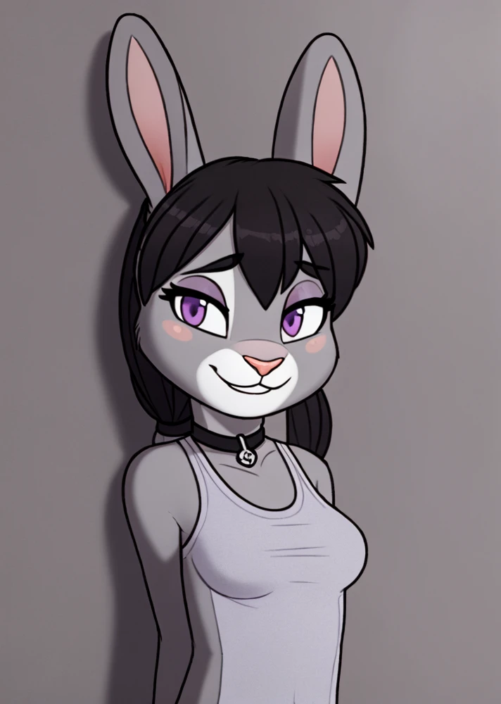 ((wall graffiti background)),young slim athletic (anthro grey bunny:1.35), (light purple eyes), (bangs:1.3), (black hair:1.2), (very long high ponytail:1.1), (perfect face:1.1),(perfect eyes:1.1), oversized black t-shirt, black lipstick, medium breasts, eyelashes, , black choker, hair ribbons, smooth,intricate detailed, unreal engine, render, uploaded on e621, blushing, satisfied suggestive smile, blender render, cute, adorable, (fluffy colored fur body), relaxed, (fur), realistic eyes, light particles, sexy suggestive pose , medium shot, ,<lora:add_detail:0.7>, <lora:Style-Rustle:0.3>,<lora:Style-pixar:0.4>, <lora:skidoo-000015(cub):0.35>, <lora:possum_machine2:0.4>, <lora:SummerSmith(RM):0.35>, <lora:rick_and_morty_characters:0.15>, <lora:FantasyTavern-10:0.35>, <lora:polyhedron_skinny_all-fp32-fp16-no-ema:0.25>