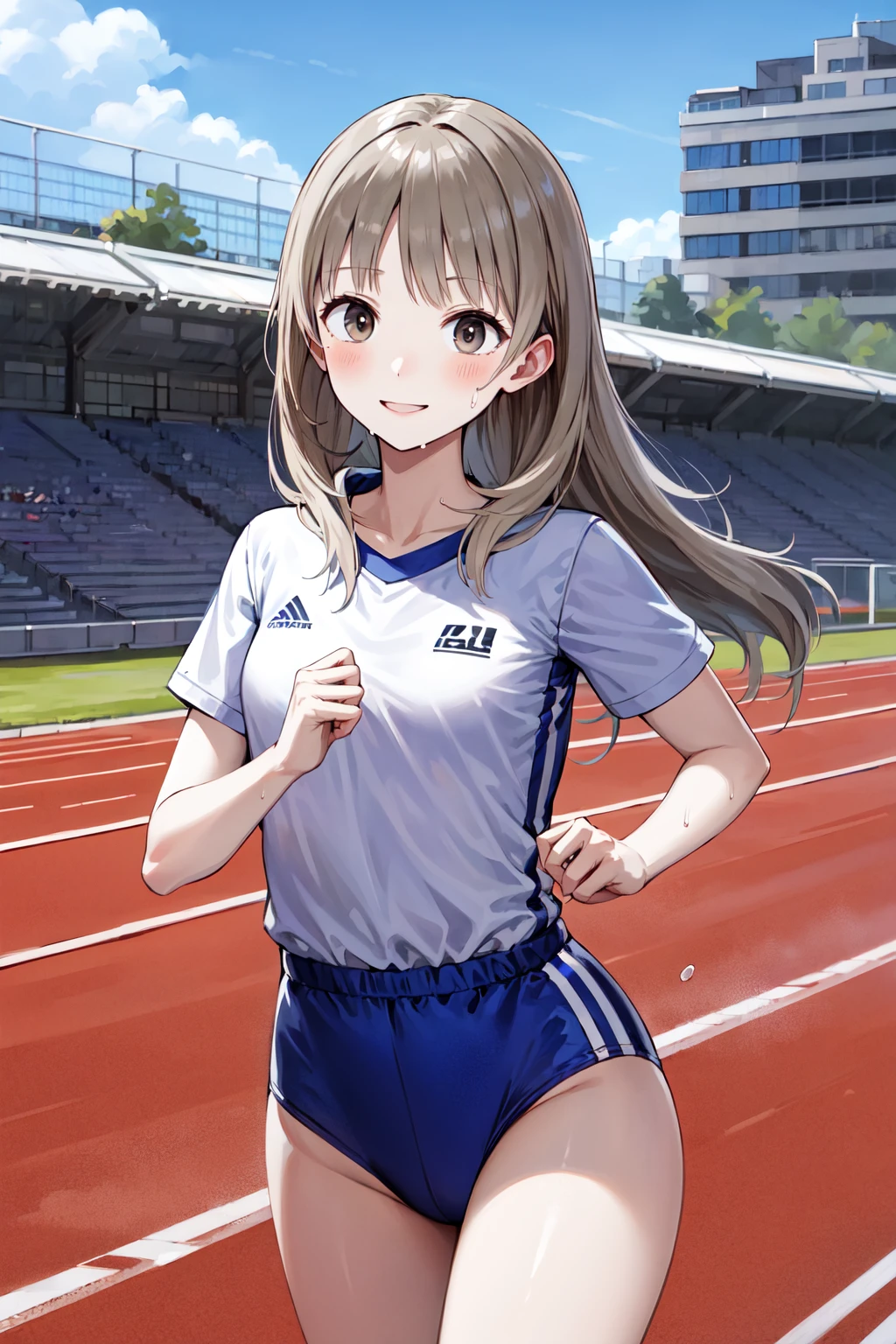 masterpiece, best quality, highres, aatotooria, long hair, brown eyes, <lora:totooria_helmold_v1:0.7>, white shirt, buruma, running, running track, sweat, cowboy shot, smile