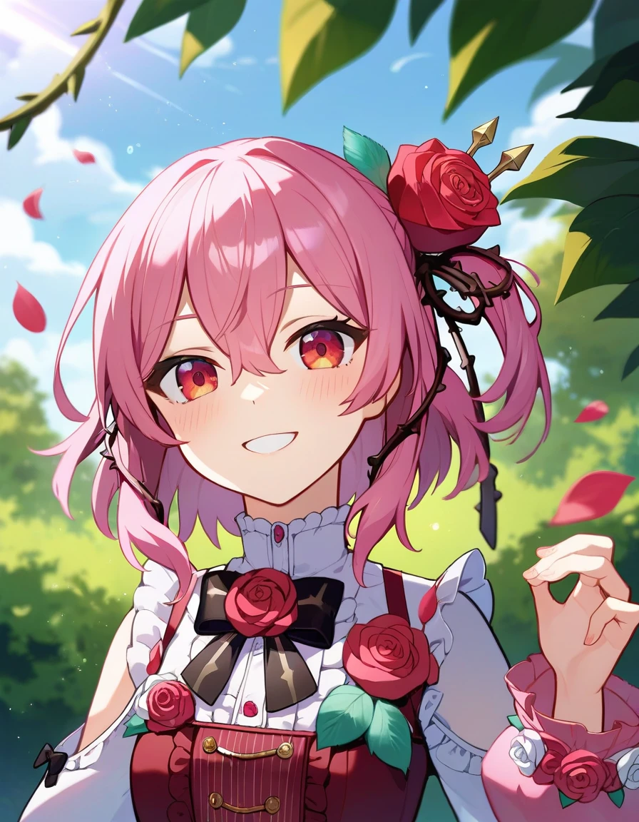 score_9,score_8_up,score_7_up,score_6_up BREAK official art,solo,outdoors,smile,upper body,(portrait:1.5),looking at viewer,facing viewer,Rosemi Lovelock,medium hair,pink hair,one side up,short sidetail,hair ornament,hair flower,red flower,red rose,sidelocks,hair between eyes,bangs,pink eyes,thorns,vines,shoulder cutout,clothing cutout,red dress,black bowtie,black bow,frills,puffy long sleeves,white flower,white rose,small breasts,green pantyhose,loafers,red footwear,<lora:Rosemi Lovelock(vtb)-Pony:1.6>,<lora:Smooth Anime Style LoRA XL:0.8>,