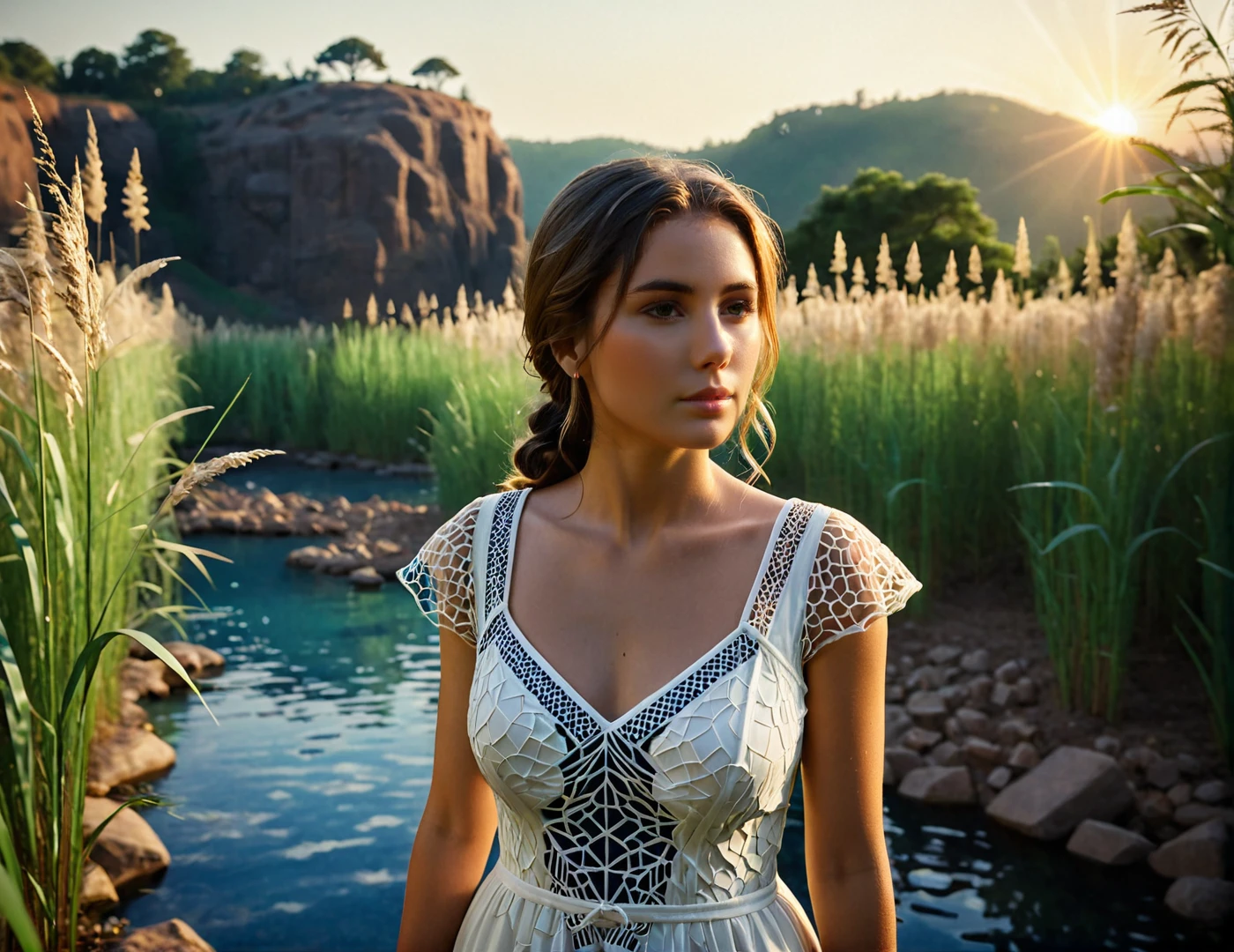 This 3D low-poly game concept image presents us a serene moment of a young woman in a natural setting, bathed in the soft, golden light of the setting sun. The image is characterized by a shallow depth of field, which blurs the background and emphasizes the subject, creating a bokeh effect that adds a dreamy quality to the photo. The woman's face is the focal point, with her features accentuated by the warm sunlight filtering through the tall grasses. Her expression is contemplative, and she wears a delicate white dress that complements the tranquil atmosphere. The photograph employs a technique reminiscent of analog film, with a grainy texture and a natural vignette that adds a nostalgic feel. The overall mood of the image is one of calm and introspection, evoking a sense of timelessness and connection with nature.
BREAK The scene is composed of a voxelized 3D scene. The woman, is surrounded by lowpoly fixtures that mimic the natural elements of the environment. These fixtures include water bodies represented by blue voxel blocks, trees depicted as green voxel clusters, and the ground made up of varying shades of brown voxel tiles. The Voronoi pattern is evident in the pentagonal shape of voxels and connection with its neighbors, creating a tessellated surface. The woman's body has a regular natural organic shape, which contrasts a lot with voxelized environment. This image captures the delicate organic folds and flow of the fabric on subject's body.
BREAK SK_CINEMATIC
<lora:Voronoiya_XL_v2_E17:0.3>