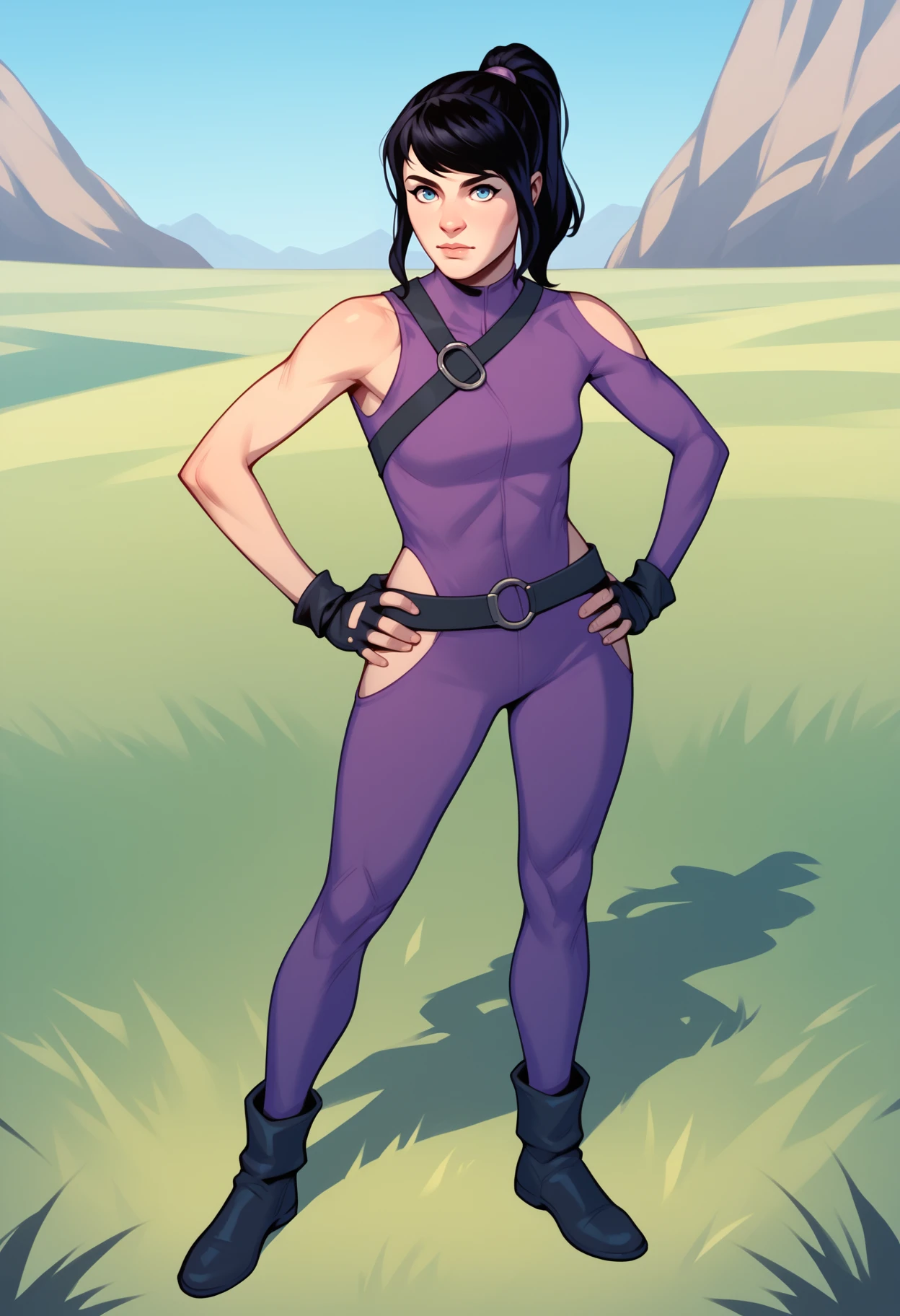 score_9, score_8_up, score_7_up, score_6_up, score_5_up, score_4_up, BREAK,
1girl, katebishop, black hair, ponytail, blue eyes,
purple bodysuit, belt, black boots, fingerless gloves,
hands on hips, looking at viewer, standing, full body, looking at viewer, solo, outdoors, grass, blue sky, meadow background <lora:KateBishopXL:1>