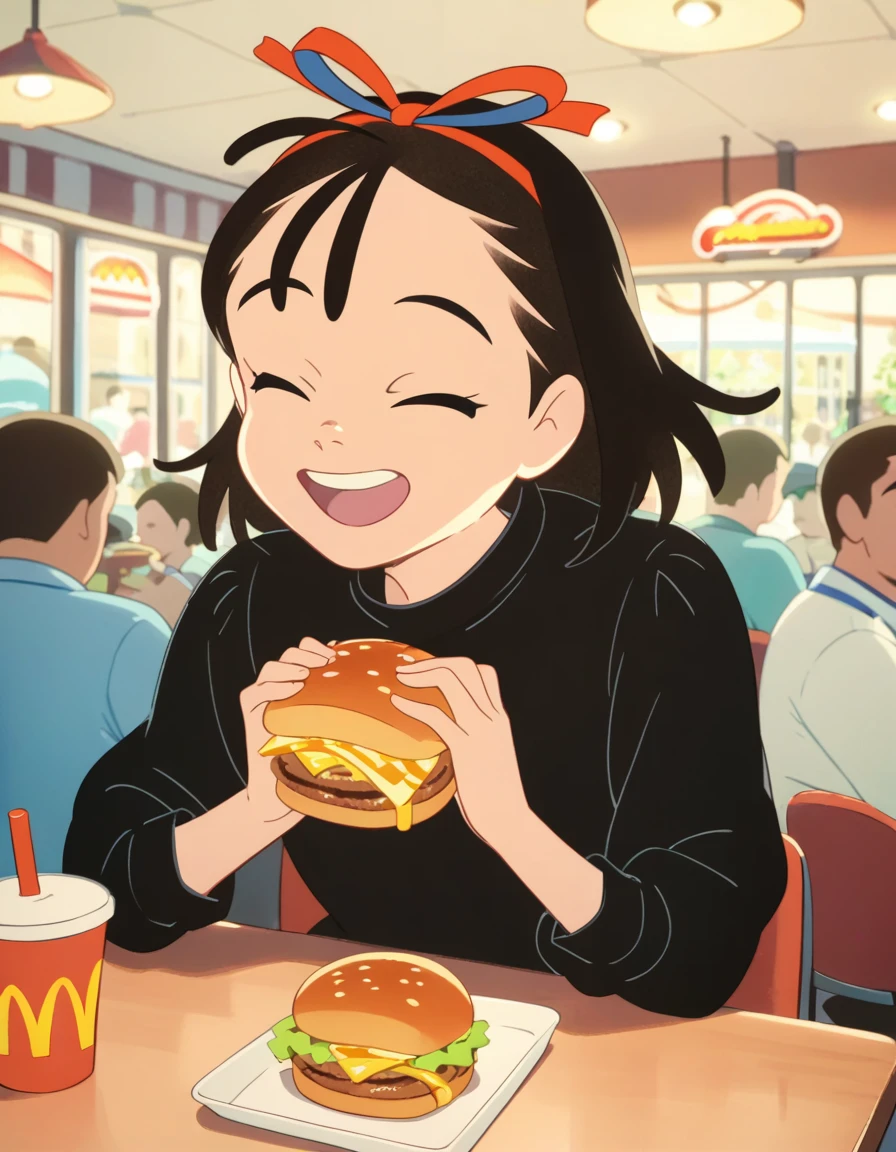 score_9,  score_8_up, score_7_up, source_anime, <lora:kikimac-ponyxl-000009:0.9> 1girl, solo, kikimac, hair ribbon, black dress, dress,
smile, open mouth, closed eyes, upper body, holding food, facing viewer, burger, cheese, lettuce, french fries, disposable cup, indoors, mcdonald's