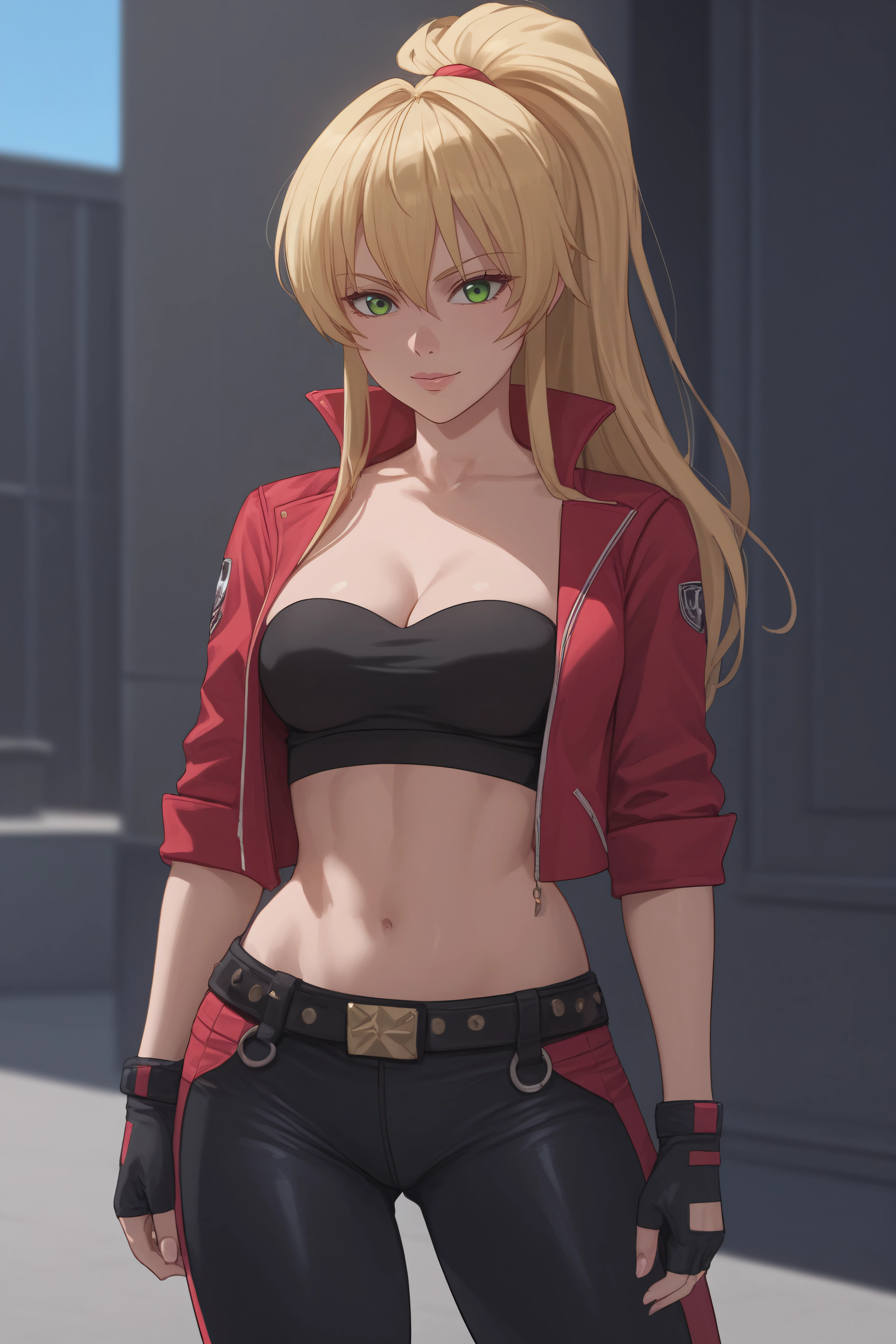 score_9, score_8_up, score_7_up, BREAK source_anime, <lora:cal devens-PonyXL-lora-Faxtron:0.8> cal devens, green eyes, blonde hair, high ponytail, medium breasts, strapless black top, cleavage, red biker jacket, black biker pants, fingerless gloves,