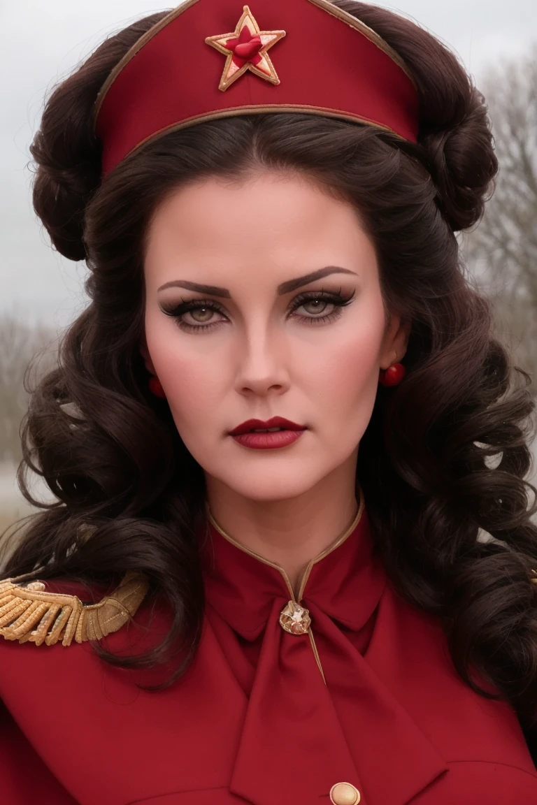 <lora:lyndacarter-07:0.6>,lyndacarter,((large breasts, perfect breasts)), ((tiara, red star)),  , photo of a woman, ((outdoors, military cape, military uniform, military medals)), serious, ((military parade, cloudy, overcast, fancy updo, dark red hair, hair up, hair in bun)), ((dark lipstick, heavy eye shadow, heavy eyeliner, goth makeup, pale skin)), (closeup, portrait)