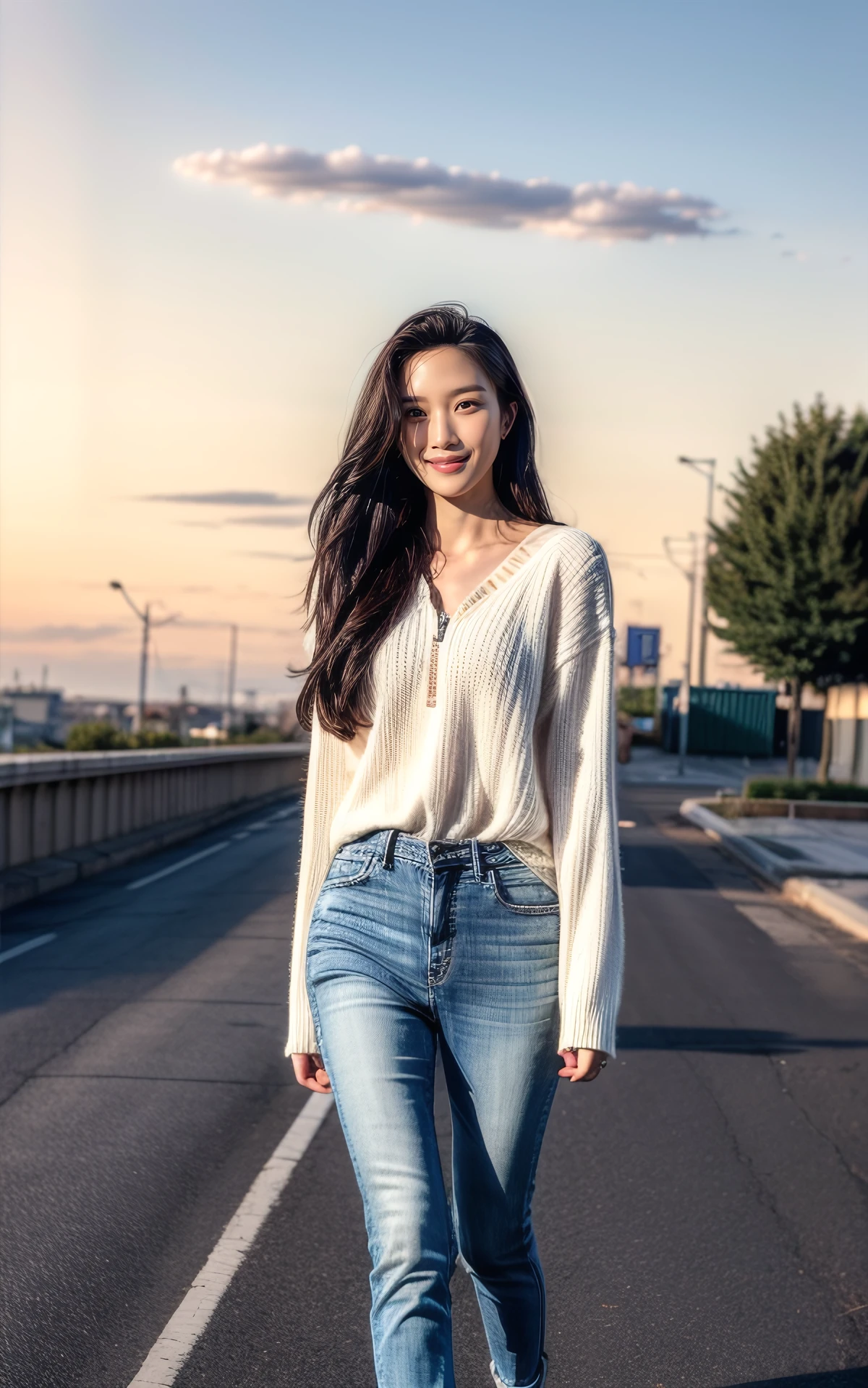 (smiling:1.2), (fullbody:1.2),  (realistic), (hyperrealism), (photorealistic:1.4), 1girl,  looking at the viewer, eye makeup, detailed eyes, detailed face, (upper body:1.2), detailed background, walking at the streets, sunset, (windy:1.2)  z1pp3rsw3at3r,, sleeves past wrists, zipper sweater, Denim jeans <lora:more_details:1>  <lora:zoom_slider_v1:-2>   <lora:Moon_Gayoung_V1:1> B_Moon_Gayoung_V1 1woman