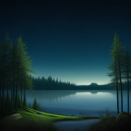 landscape, forest, trees, lake, night, stars