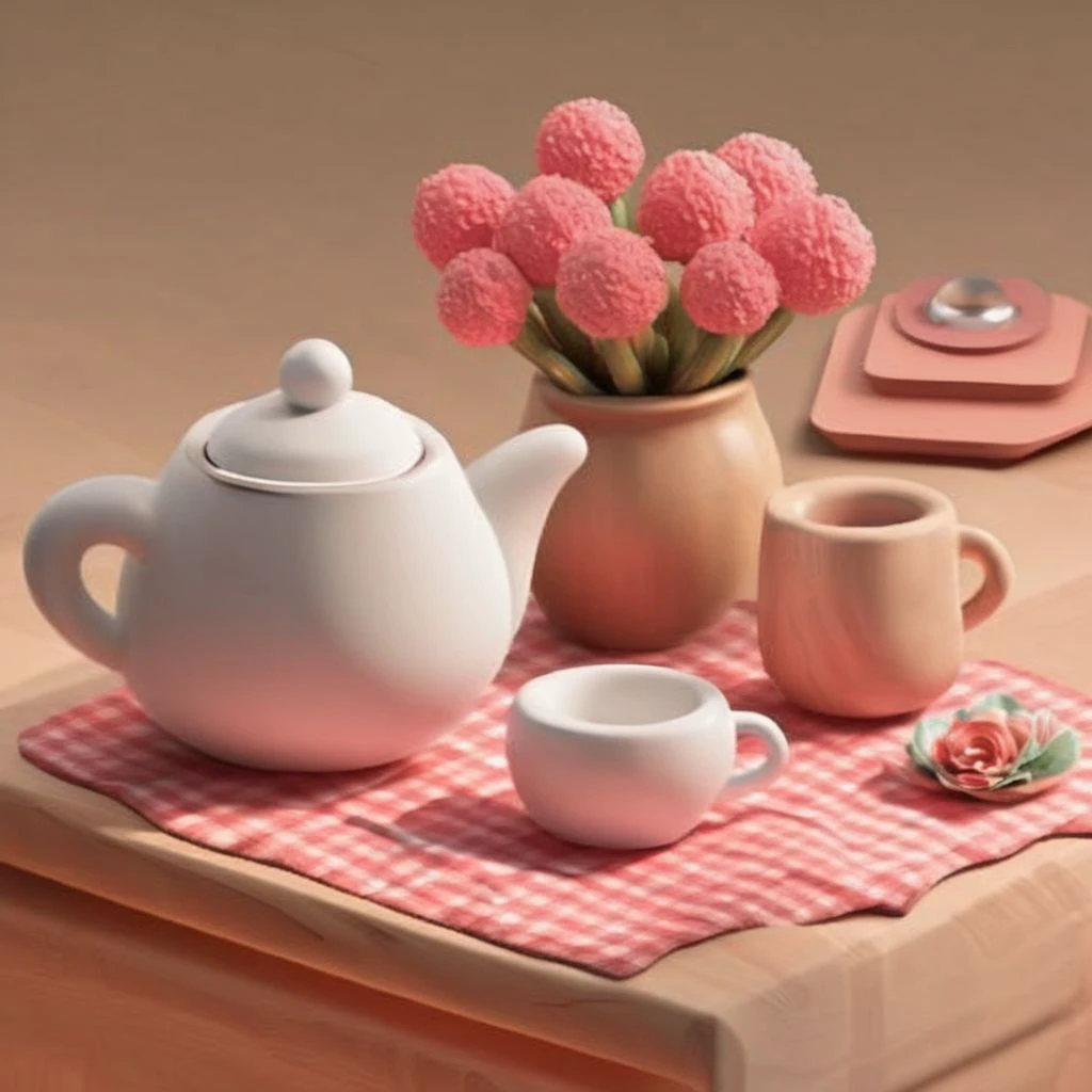 teapot, tea cup, flower vase, on wooden table with tablecloth