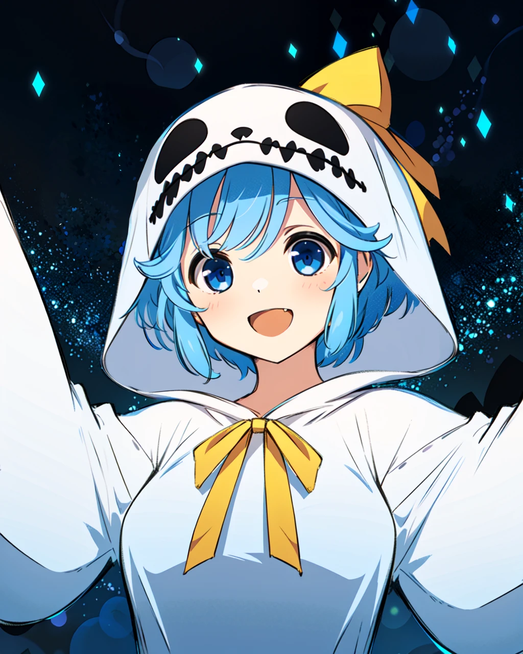 masterpiece, high quality, 1girl, mgrcutsuhonatsuki, upper body, medium shot, looking at viewer, blue hair, blue eyes, yellow bows, long white pijama, long loose white sleeves, mouth open, smiling, hands covered, hands outstretched, dynamic pose, <lora:mgrcutsuhonatsuki:0.8>