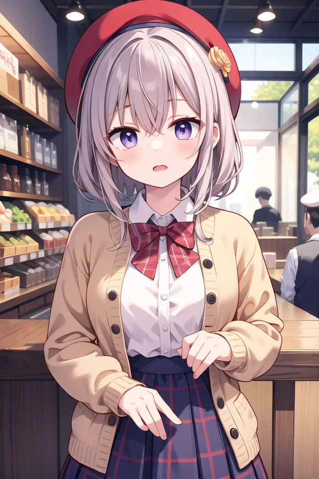 insanely detailed, absurdres, ultra-highres, ultra-detailed, best quality,
1girl, solo, nice hands, perfect hands
BREAK
(vintage-inspired beret with flower pin:1.3), (navy and red plaid dress:1.5), (golden buttons down the front:1.2), (ivory blouse with ruffle detailing and red bow tie:1.4), (peach cardigan with cable knit pattern:1.3), (black tights:1.1), (red Mary Jane shoes:1.2)
BREAK
(nsfw:-1.5)
BREAK
expressionless, open mouth
BREAK
(45 angle:-1.5), (from side:-1.5),
standing, cowboy shot, looking at viewer
BREAK
slender, kawaii, perfect symmetrical face, ultra cute girl, ultra cute face, ultra detailed eyes, ultra detailed hair, ultra cute, ultra beautiful
BREAK
in coffee shop, depth of field, ultra detailed background
BREAK
medium breasts
BREAK
purple hair, purple eyes, twist out, hair between eyes