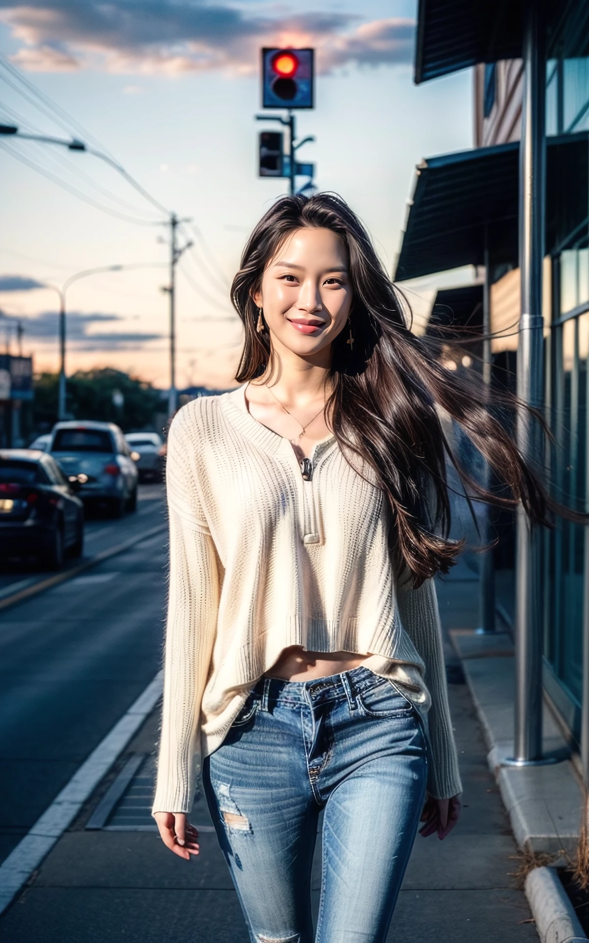 (smiling:1.2), (fullbody:1.2),  (realistic), (hyperrealism), (photorealistic:1.4), 1girl,  looking at the viewer, eye makeup, detailed eyes, detailed face, (upper body:1.2), detailed background, walking at the streets, sunset, (windy:1.2)  z1pp3rsw3at3r,, sleeves past wrists, zipper sweater, Denim jeans <lora:more_details:1>  <lora:zoom_slider_v1:-2>   <lora:Moon_Gayoung_V1:1> B_Moon_Gayoung_V1 1woman