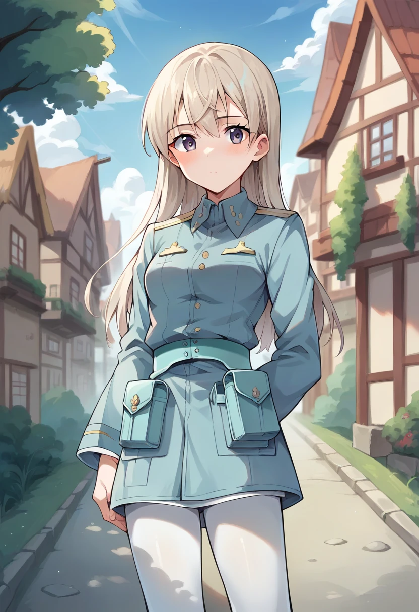 score_9, score_8_up, score_7_up, source_anime, masterpiece, 1girl, ctianelia, light blue uniform, cyan belt pouch, white pantyhose, looking at viewer, outdoors, town, <lora:Eila_strike_witches_pony_ct:0.8>