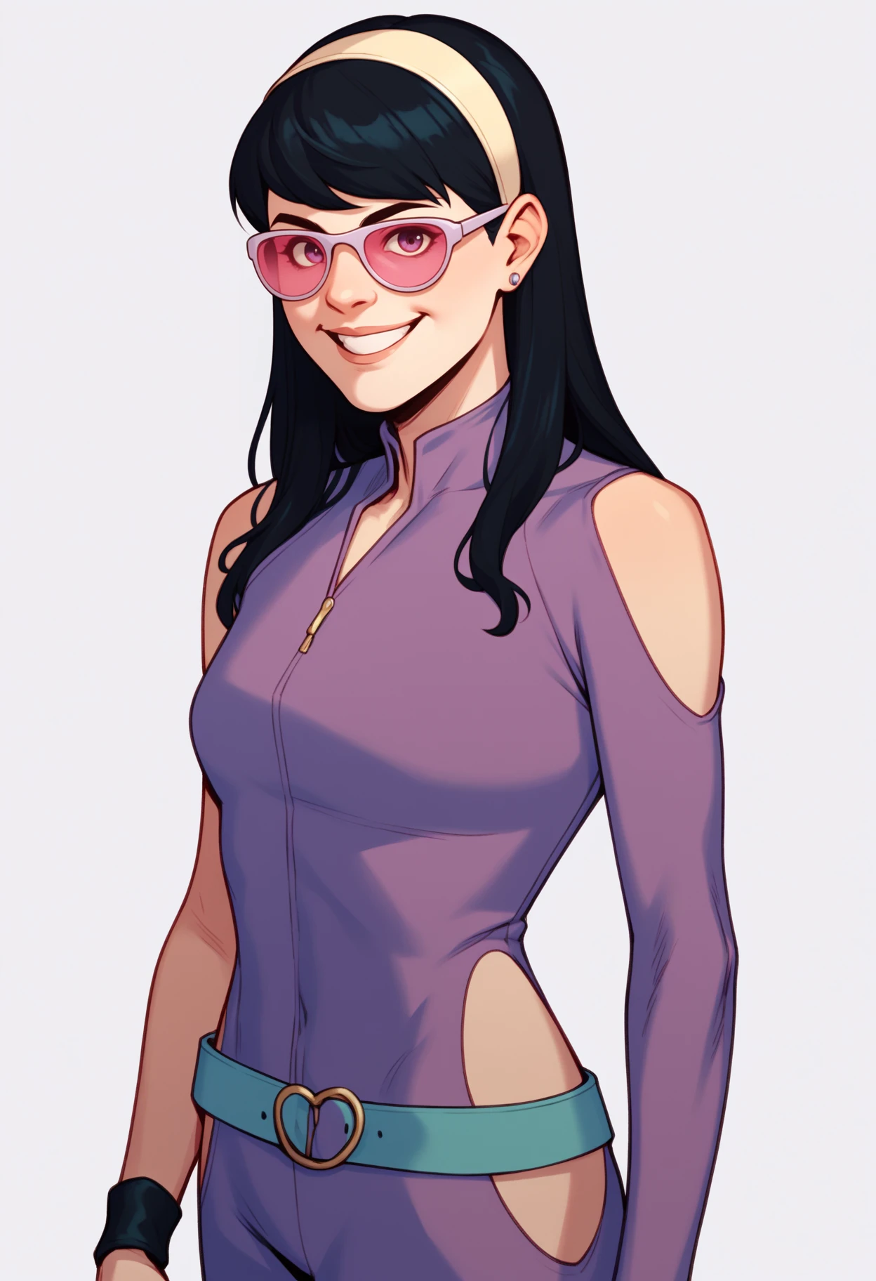 score_9, score_8_up, score_7_up, score_6_up, score_5_up, score_4_up, BREAK,
1girl, katebishop, black hair, long hair, pink tinted sunglasses, hairband,
purple bodysuit, belt,
smile, upper body, looking at viewer, solo, simple background, white background   <lora:KateBishopXL:1>