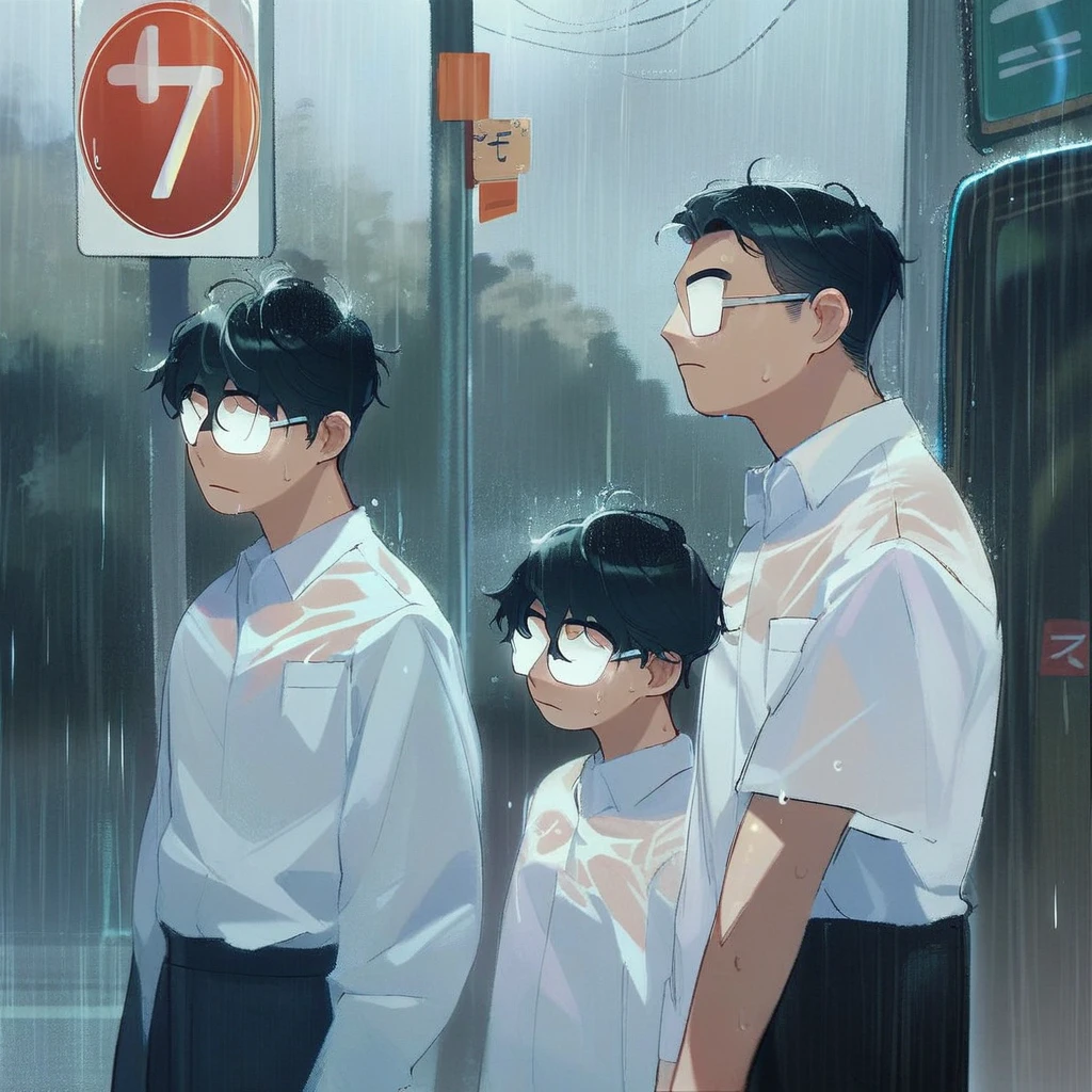 score_9, score_8_up, score_7_up, source_anime BREAK 1boy, businessman's haircut, polo shirt, opaque glasses standing, middle aged male, black hair, bus stop, street, raining, rating_questionable