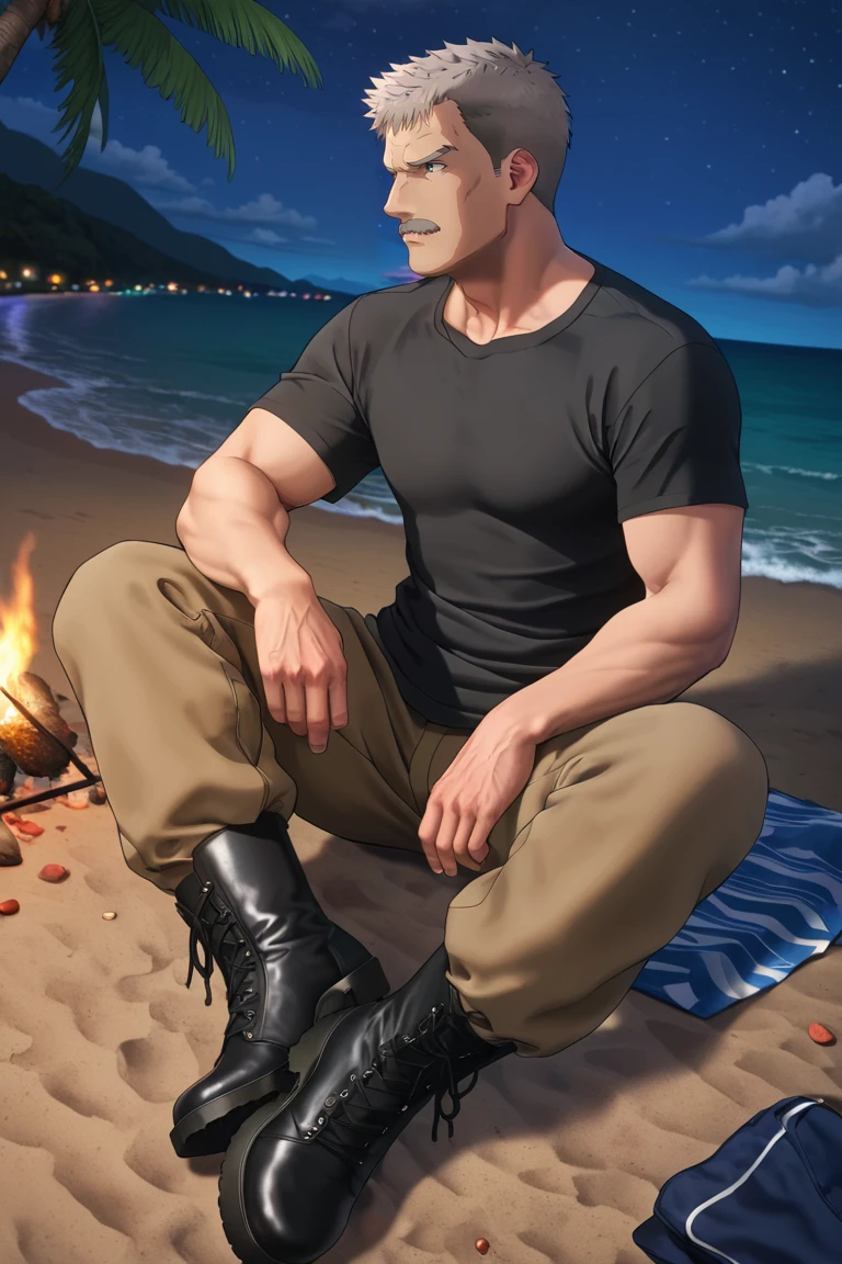 solo male, Thomas J. Prahmman \(Brave Bang Bravern\), short hair, grey hair, facial hair, grey mustache, grey eyes, (pure black undershirt, brown pants. black boots, short sleeves), sitting on ground under palm tree, adult, mature, masculine, manly, handsome, charming, alluring, full body, perfect anatomy, perfect proportions, best quality, masterpiece, high_resolution, dutch angle, cowboy shot, perfect eyes, looking away, ocean, dark sky, outdoor, beach, night, bonfire<lora:EMS-403357-EMS:0.800000>