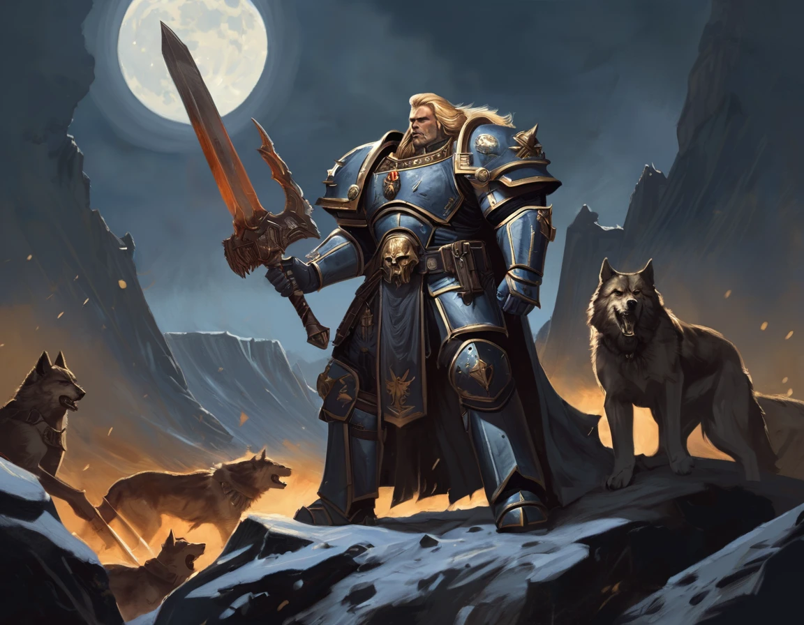 A digital painting of Leman Russ, the primarch of the Space Wolves. He is standing in a rocky terrain, holding a power sword and surrounded by two wolves. The moon is full in the background. By Alexei Konev.