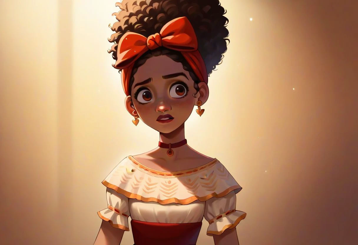 score_9, score_8_up, score_7_up, score_6_up, score_5_up, score_4_up, ponypositive, MENOZIRIATH_STYLE
1girl, Dolores Madrigal, Dolores Madrigal(/Encanto)/,(ultra HD quality details), black skin, ebony girl, (afro, hair bow), upward hairbun, hair bow, earrings, red choker, brown eyes, Slim girl, flat chest, tiny breasts, wide hips, narrow waist, skinny,  
dolores,brown hair,upward hair,brown eyes,
brown eyes, masterpiece,