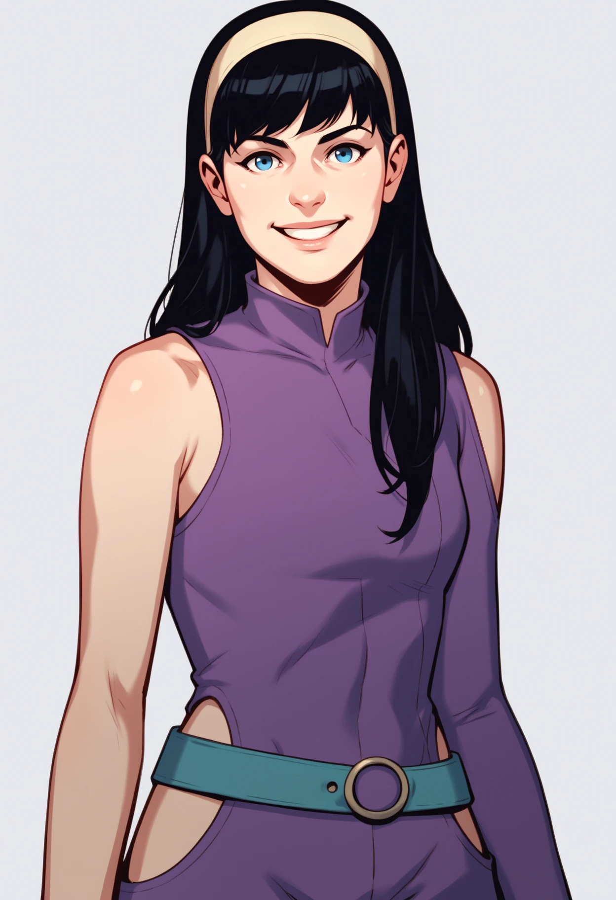 score_9, score_8_up, score_7_up, score_6_up, score_5_up, score_4_up, BREAK,
1girl, katebishop, black hair, long hair, blue eyes, hairband,
purple bodysuit, shoulder cutout, one-side sleeveless, belt,
smile, upper body, looking at viewer, solo, simple background, white background   <lora:KateBishopXL:1>