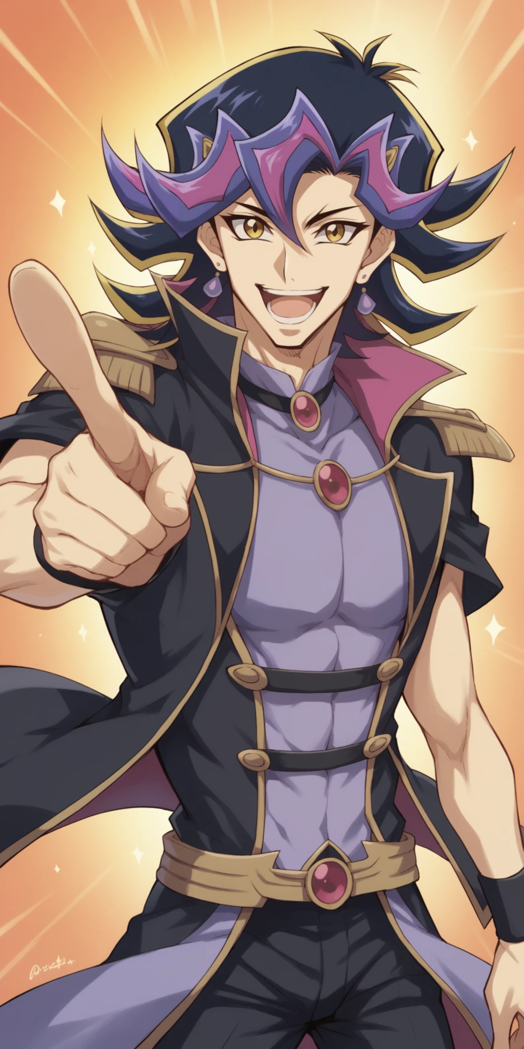 score_9, score_8_up, score_7_up, source anime, 1boy, solo multicolored_hair, black hair, purple hair, earrings, cowboy shot, <lora:AiHumanIgnister-10:0.55> ai_(yu-gi-oh!), depressedignister, laughing, pointing at viewer,