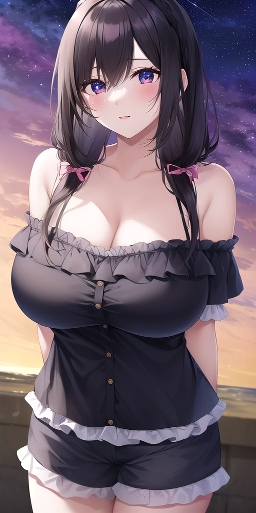 <lora:YunyunV3:0.7> yun^2, huge_breasts, standing, solo, Black_frilled_shirt_black_frilled_shorts_off_shoulder_short_sleeves_pink_frills, , arms_behind_back, starry_sky,, masterpiece, best_quality, detailed_face, detailed_eyes, highres, beautiful, detailed, absurdres,