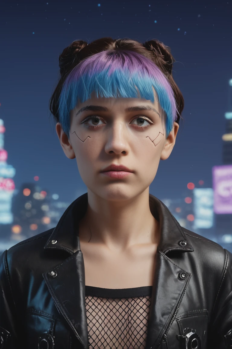 score_9, score_8_up, score_8, (masterpiece, best quality, highly detailed, realistic, cinematic light, night time), source_western, 2.5d, screencap, portrait of  camcla as a cyberpunk girl, multicolored hair, cyberware in  face,
short bob hair, looking at the viewer, leather jacket, fishnet croptop, close up, (((night city background)))
 <lora:Camille_Claudel_Pony:0.7>