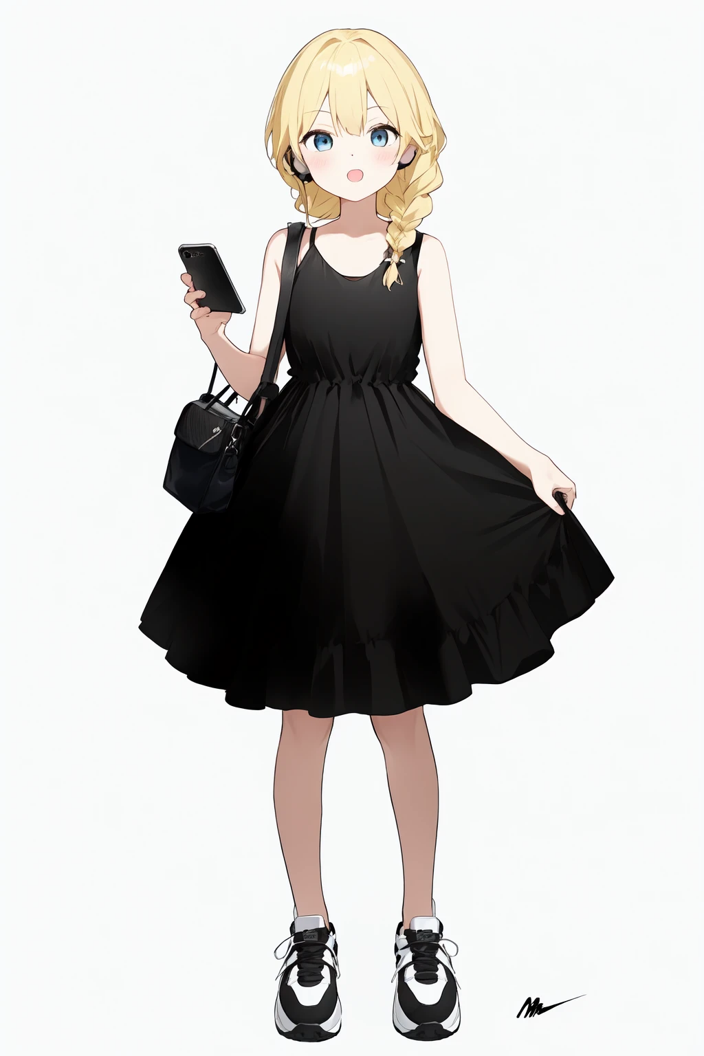 1girl, bag, black_dress, blonde_hair, blue_eyes, braid, cellphone, digital_media_player, dress, earphones, full_body, holding, holding_phone, long_hair, nike, open_mouth, phone, shoes, shoulder_bag, signature, simple_background, single_braid, sleeveless, smartphone, sneakers, solo, standing, white_background,<lora:çå©å¸2.0:0.7>,