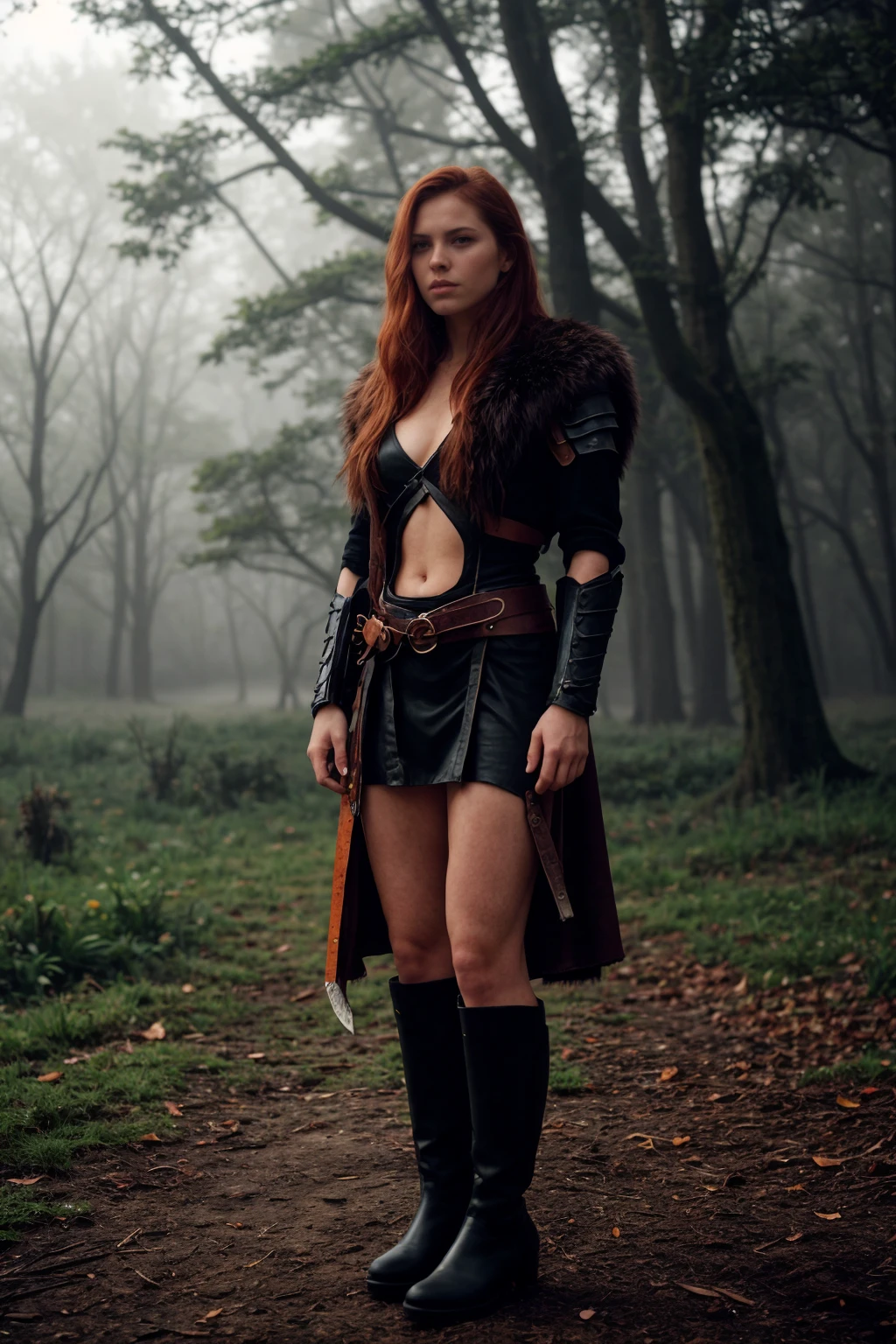 a orange haired warrior woman in fur armor wielding a sword, leather boots
BREAK
Mystical Aura: A fog-shrouded forest where the trees fade into the mist. The ethereal ambiance and diffused lighting create an otherworldly atmosphere, evoking a sense of mystery and intrigue.
BREAK
<lora:[VG]_-_Tyris_Flare_v2:1>, RAW candid cinema, 16mm, color graded portra 400 film, remarkable color, ultra realistic, textured skin, remarkable detailed pupils, realistic dull skin noise, visible skin detail, skin fuzz, dry skin, shot with cinematic camera