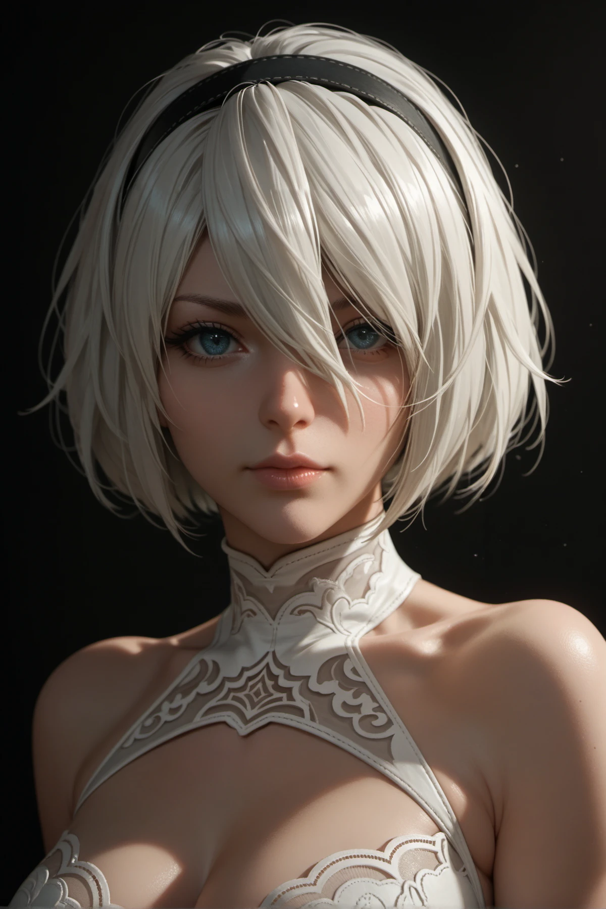 score_9, score_8_up, score_7_up,score_6_up, score_5_up, 1girl, looking at the viewer, 2b_(nier:automata), nier_(series), white_hair, covered_eyes,