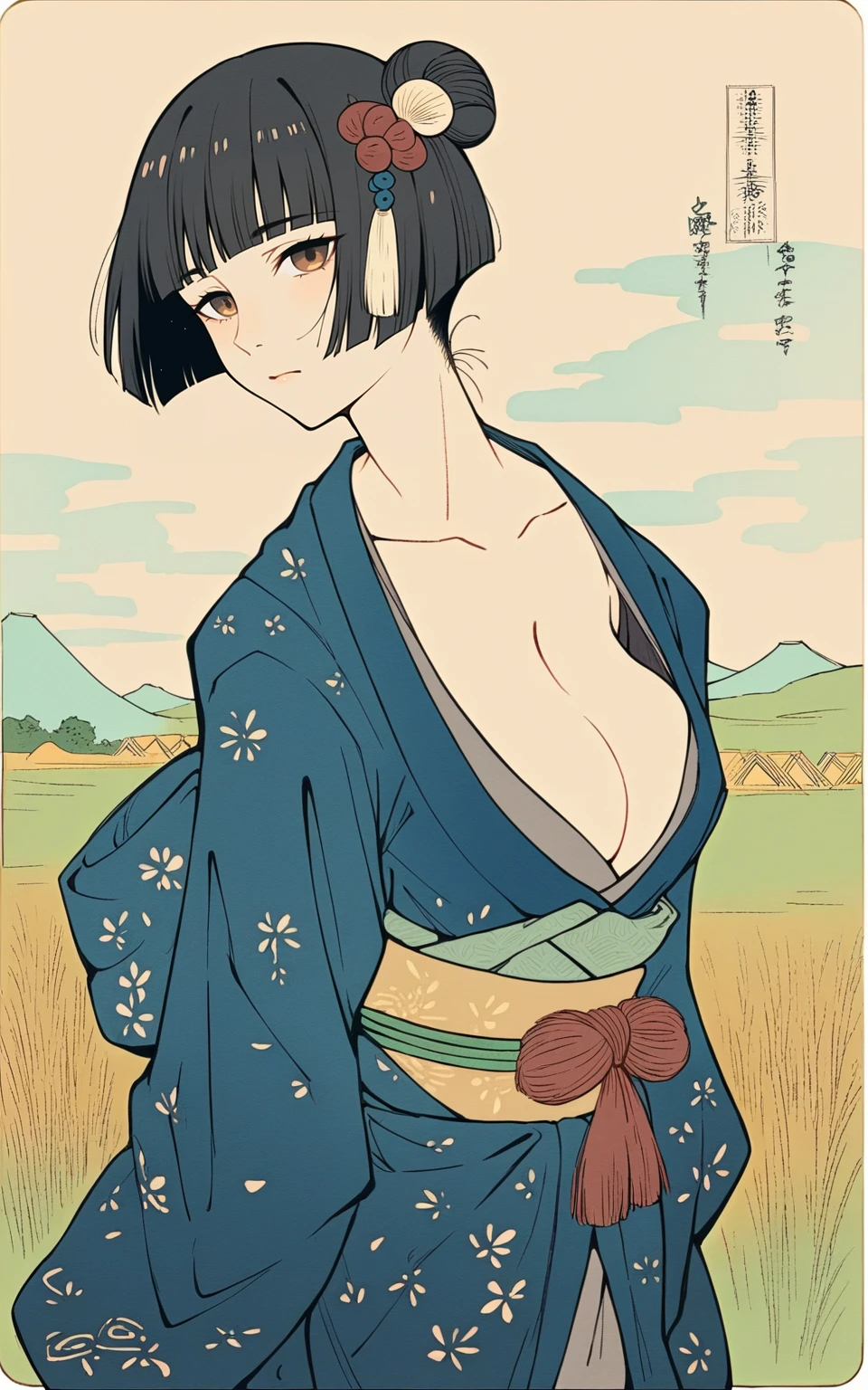 score_9, score_8_up, score_7_up, score_6_up, score_5_up, score_4_up, source_anime, rating_sensitive, 1girl, solo, short hair, hime-cut, black hair, bangs, hair ornament, brown eyes, kimono, large breasts, cleavage, (standing), (cowboy shot), (outdoors), rice field, day, sky, clouds, looking at viewer, <lora:jptradartpny-000006:1>