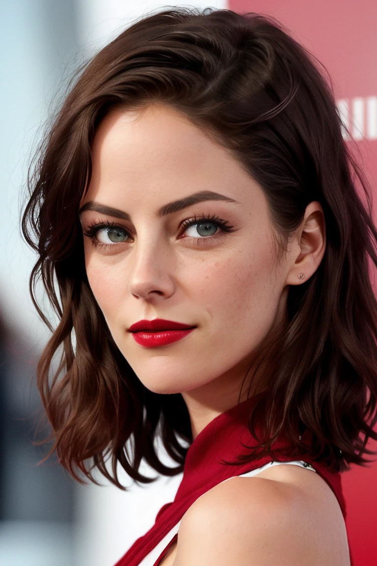 kayascod:0.99, ((red lipstick, blush)), ((detailed eyes, beautiful eyes, detailed face, beautiful face):1.2), cowboy shot, waist, hips, thighs, , photo of a woman, , ((police uniform, police badge, police car)), city street, attractive, looking at viewer, ((short hair, messy hair, bangs))
